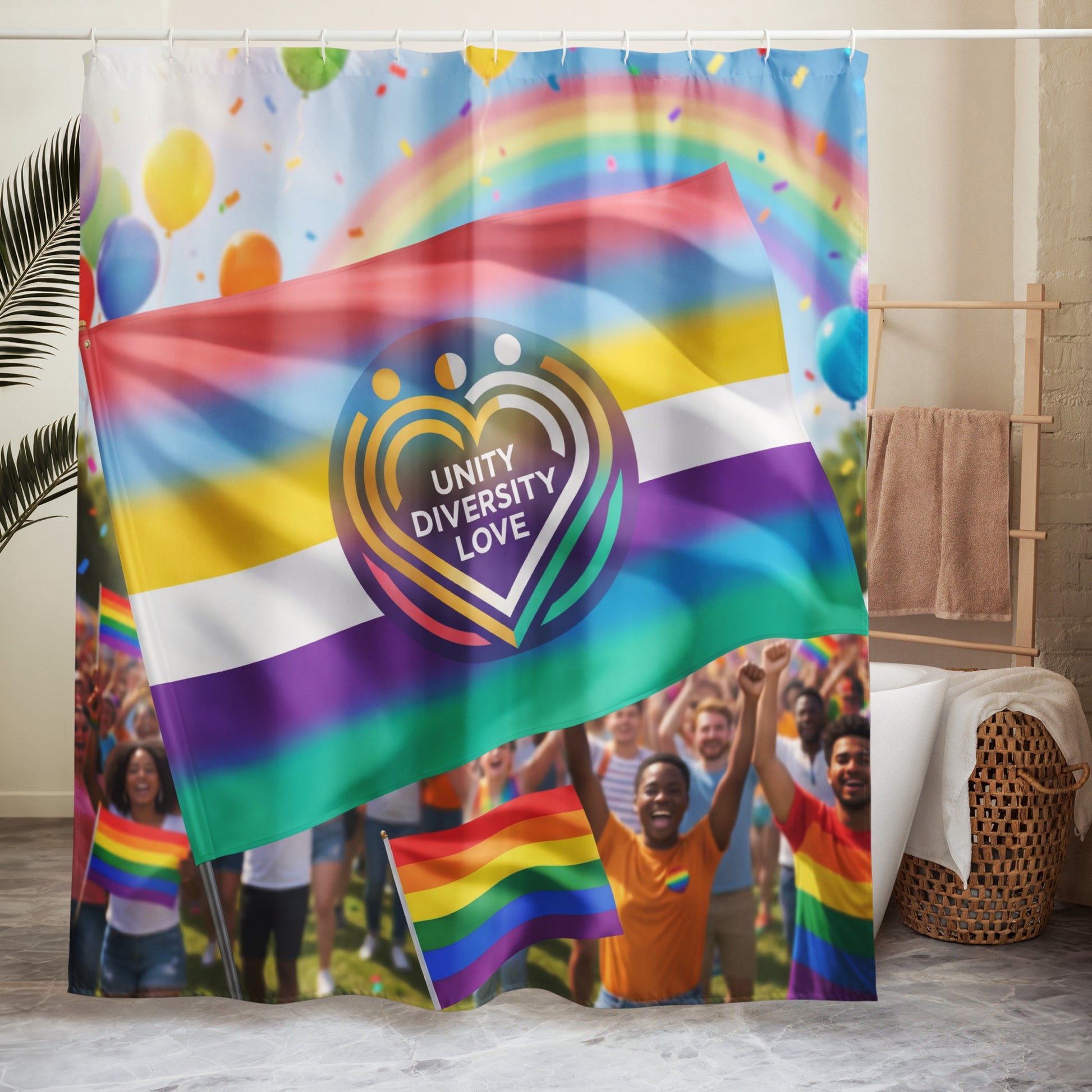 Unity Diversity Love shower curtain with rainbow flag heart emblem and colorful balloons