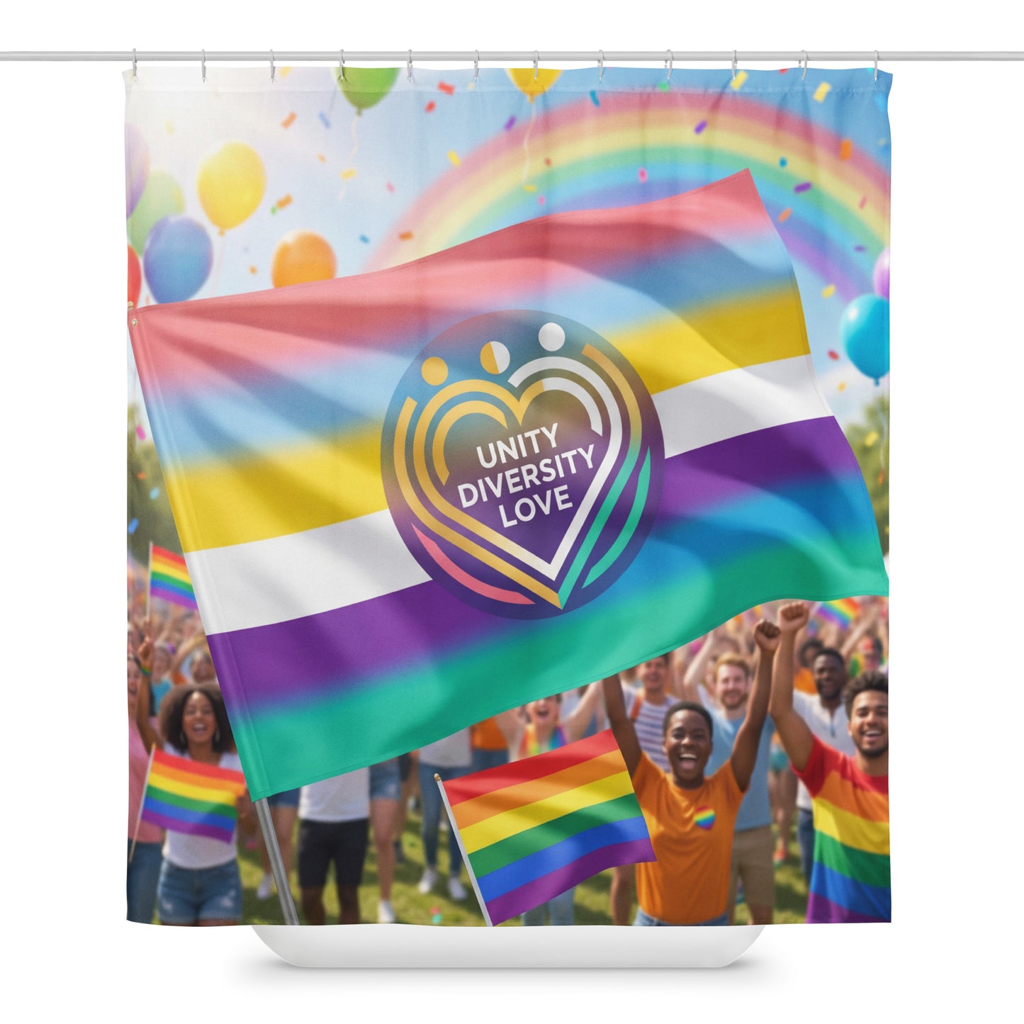 Unity Diversity Love shower curtain with heart logo, rainbow flag stripes, and confetti
