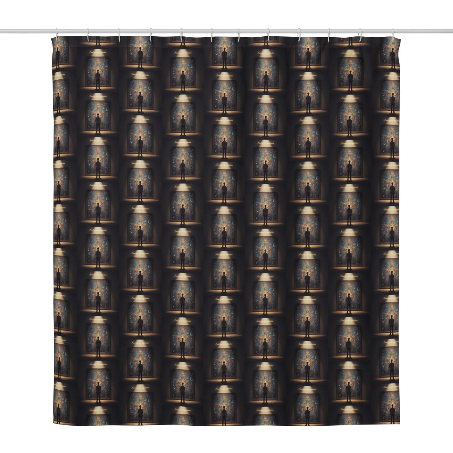 Shower curtain with dark background and repeating glowing portrait-and-lamp artwork pattern
