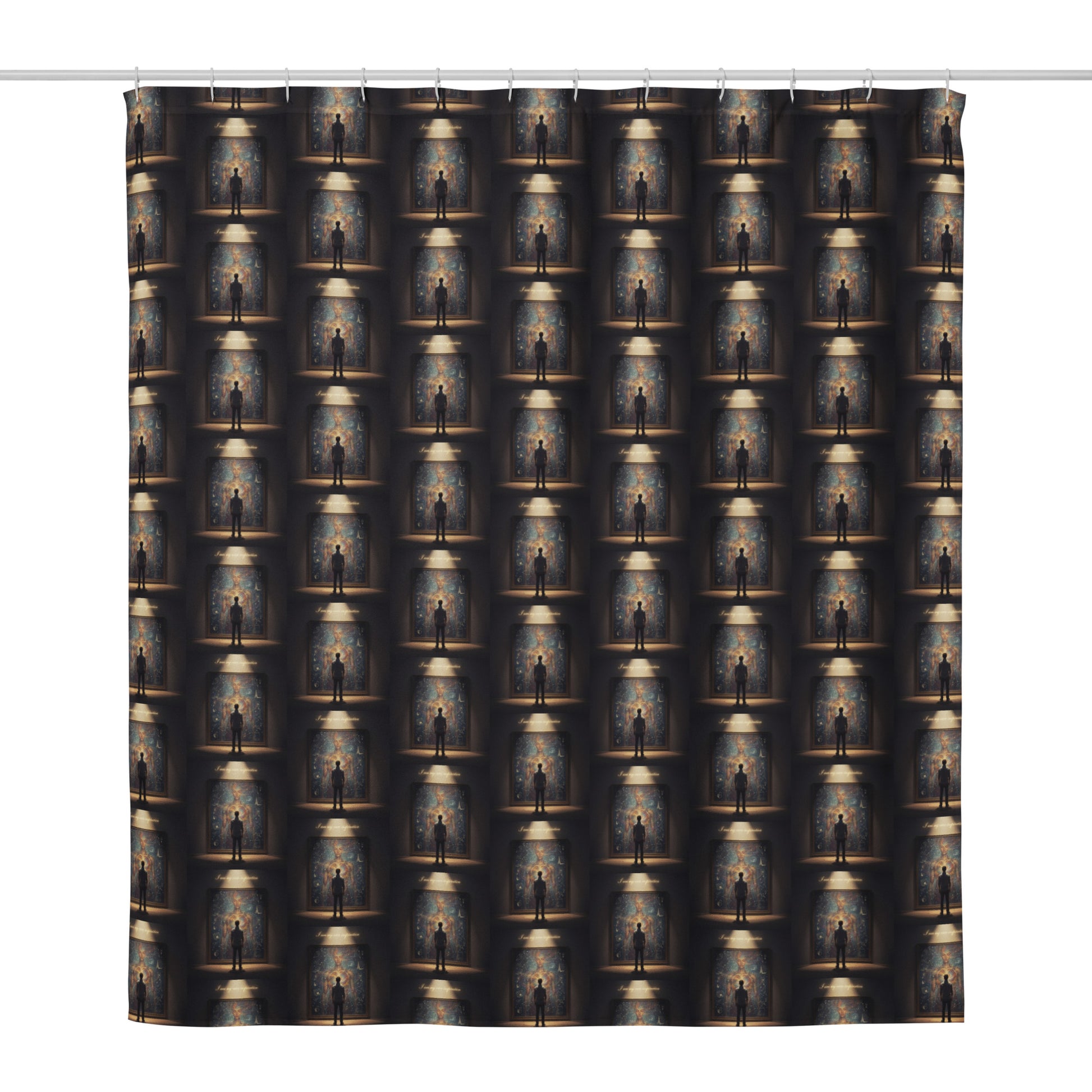 Shower curtain with dark background and repeating glowing portrait-and-lamp artwork pattern