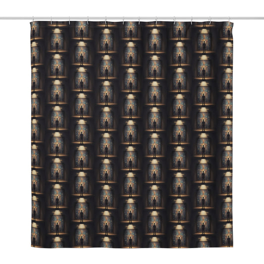 Shower curtain with dark background and repeating glowing portrait-and-lamp artwork pattern