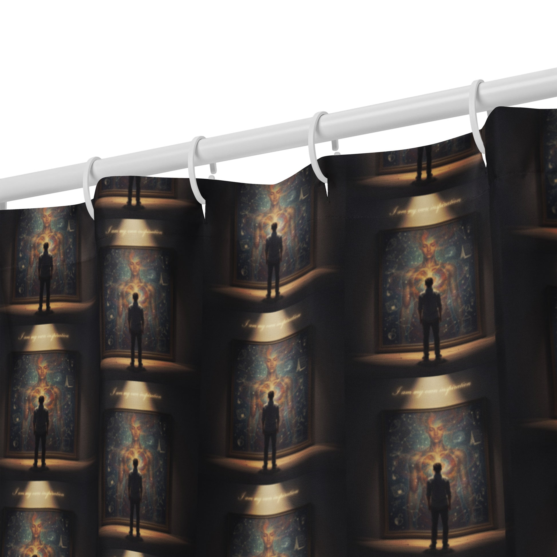 Shower curtain with dark repeating portrait-and-lamp print, top hooks on rod