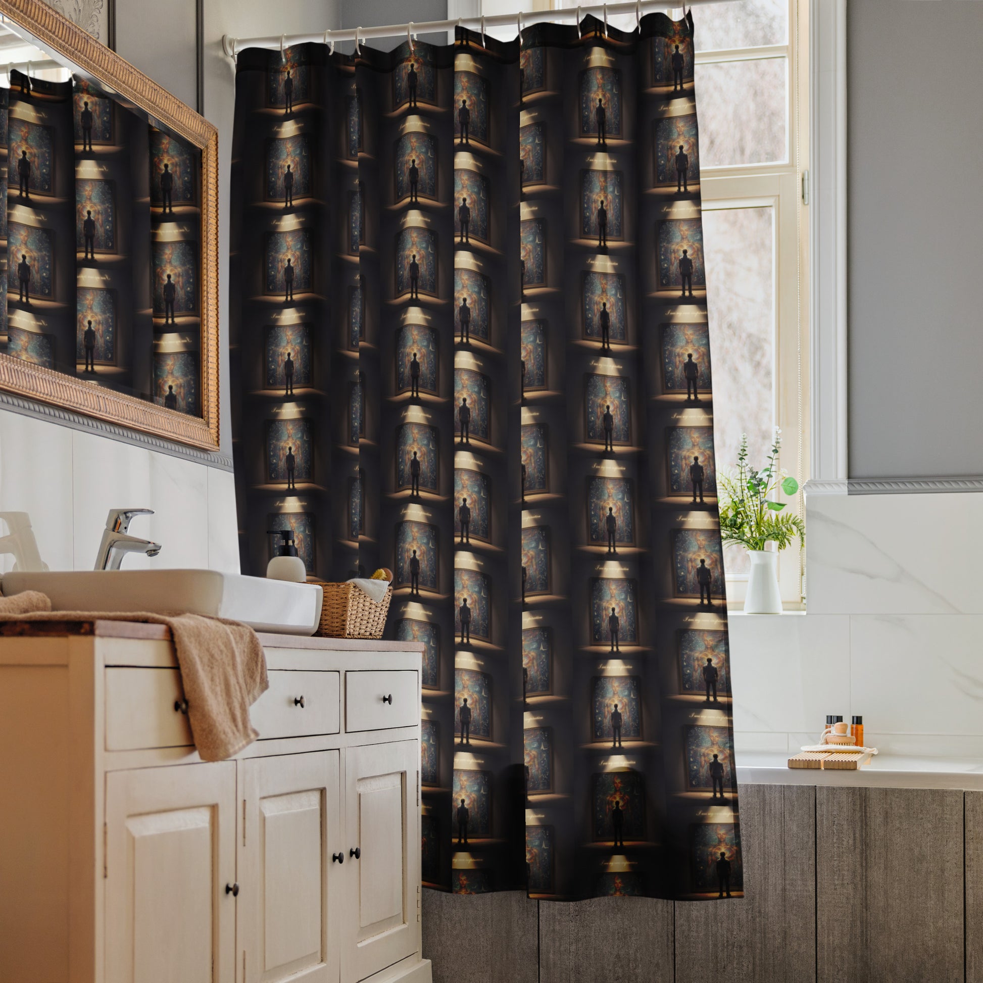 Shower curtain panel with dark repeating portrait-and-lamp artwork pattern