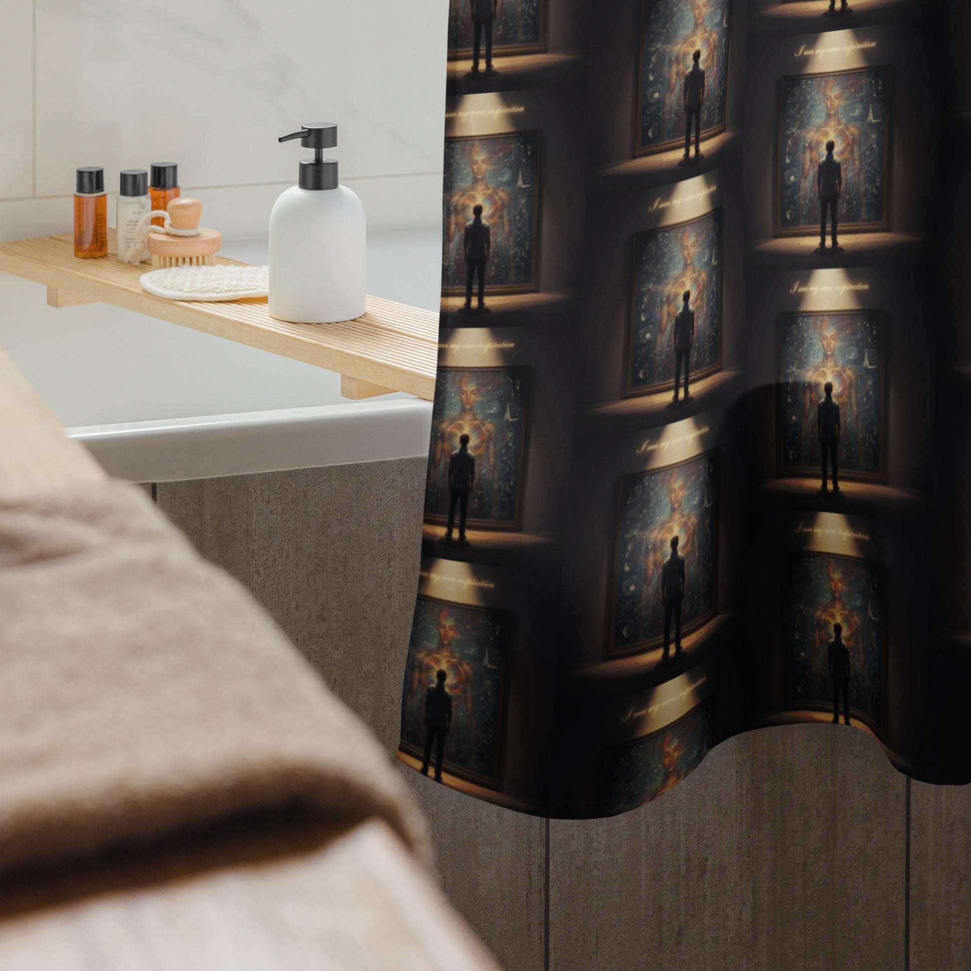 Shower curtain bottom hem with dark repeating portrait-and-lamp artwork pattern