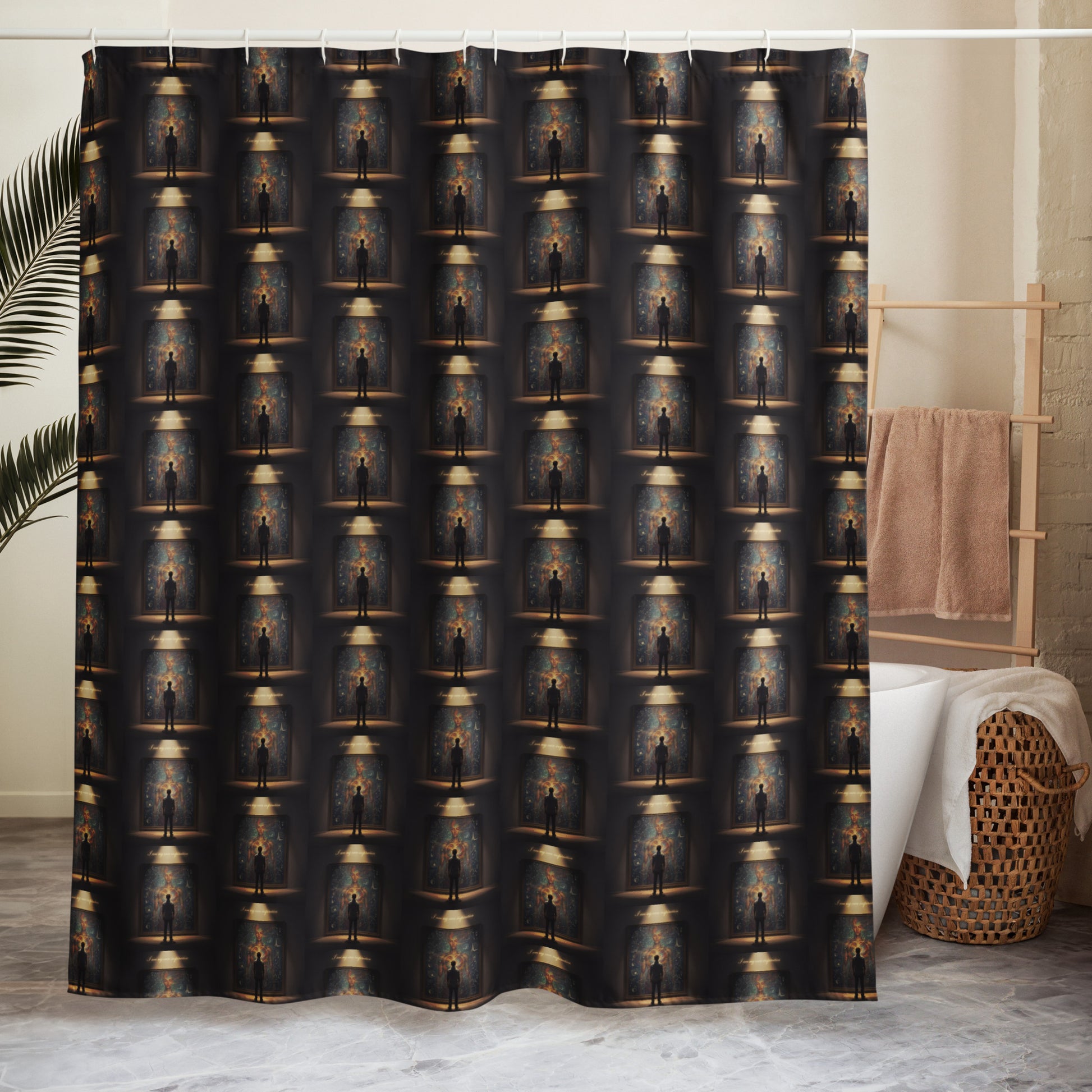 Shower curtain with dark repeating portrait-and-lamp artwork, hanging with straight hem