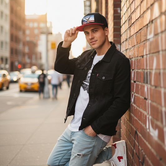 Snapback cap on model: black crown with aqua blue brim and America 250 logo