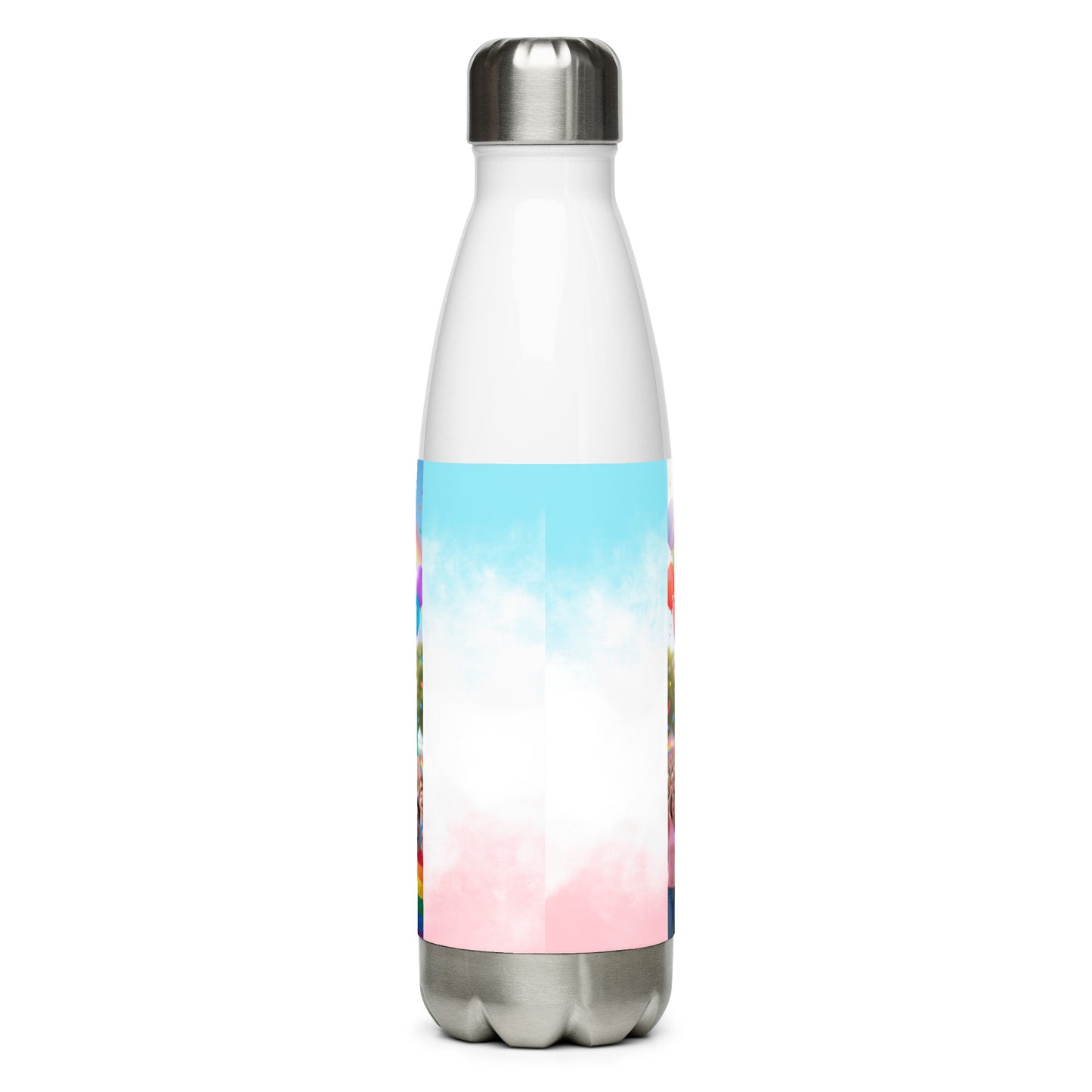 Stainless steel water bottle with silver cap and light sky/pink gradient wrap