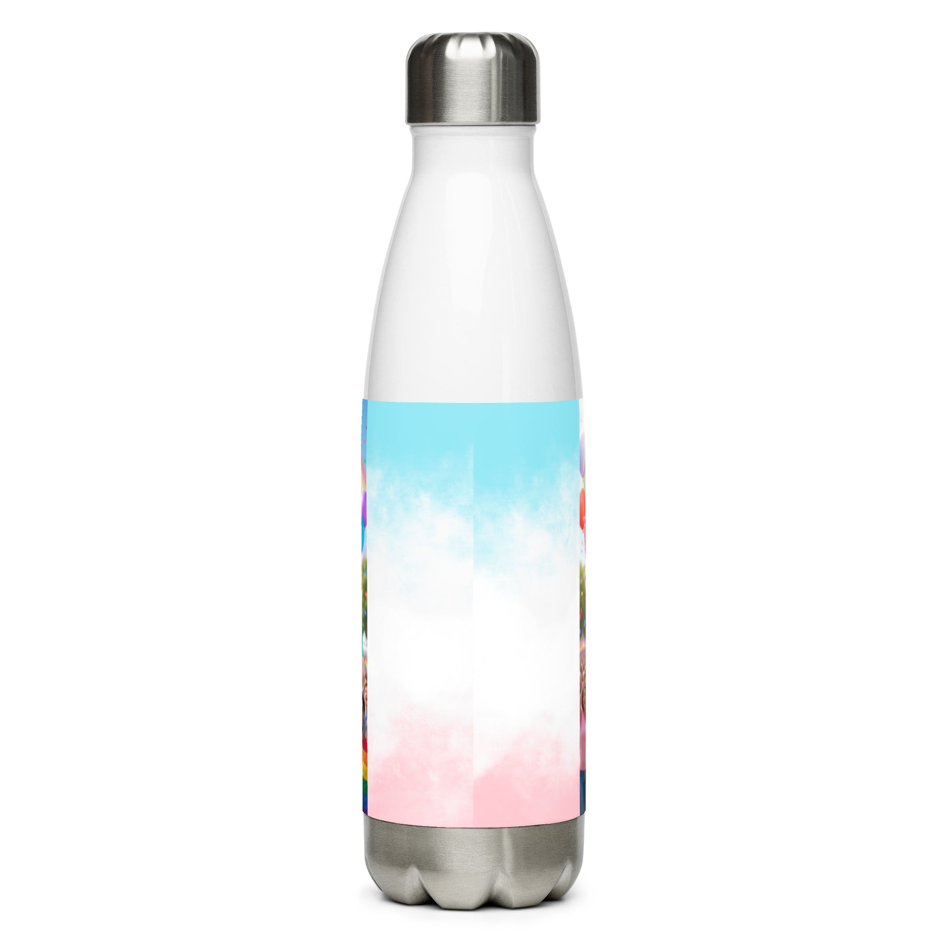 Stainless steel water bottle with silver cap and light sky/pink gradient wrap