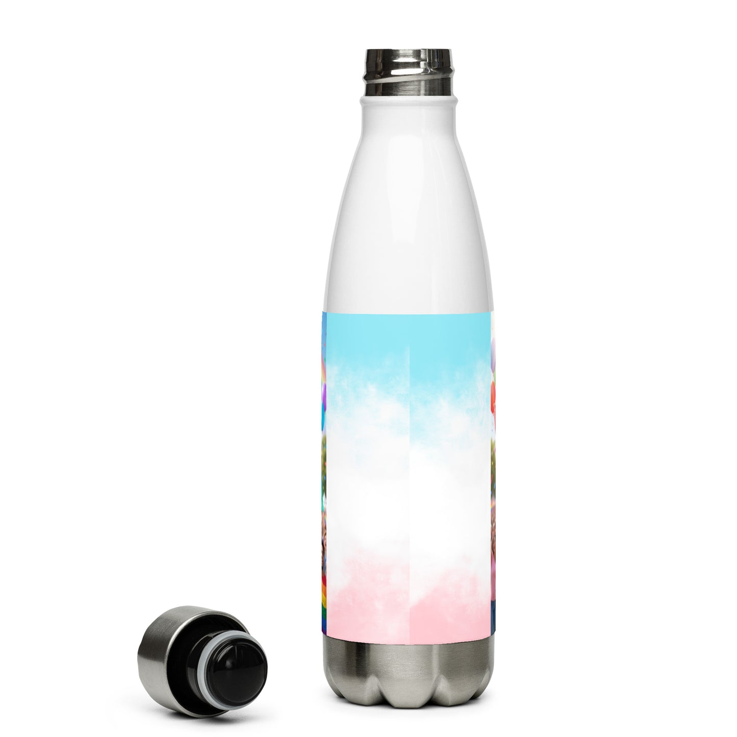 Stainless steel water bottle with silver cap and light sky/pink gradient wrap