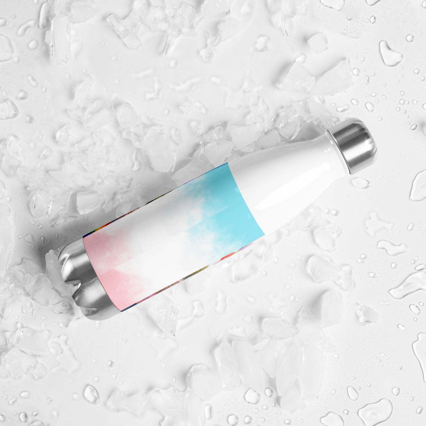 Stainless steel water bottle with pastel blue and pink banner graphic