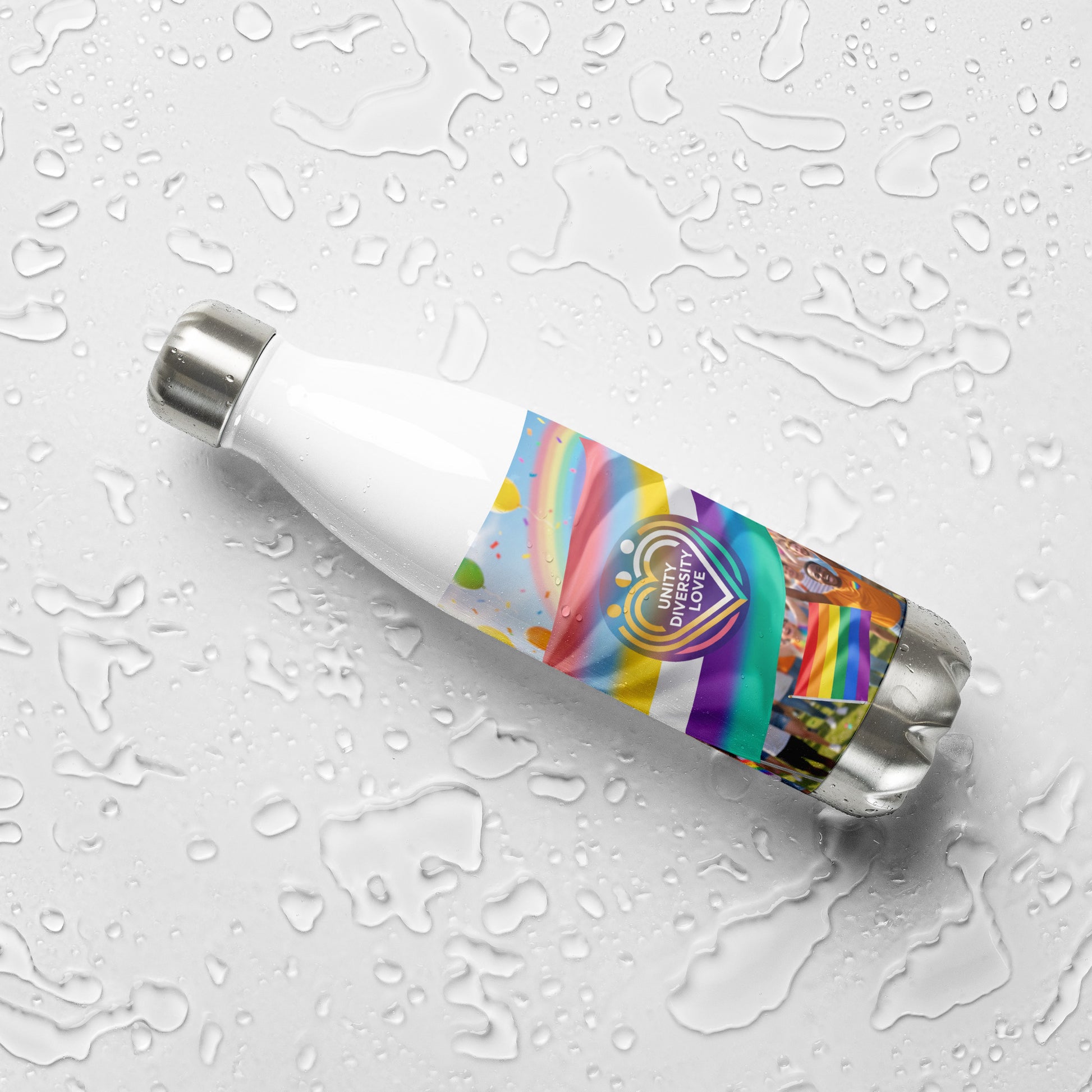 Stainless steel water bottle with rainbow Unity Diversity Love graphic wrap