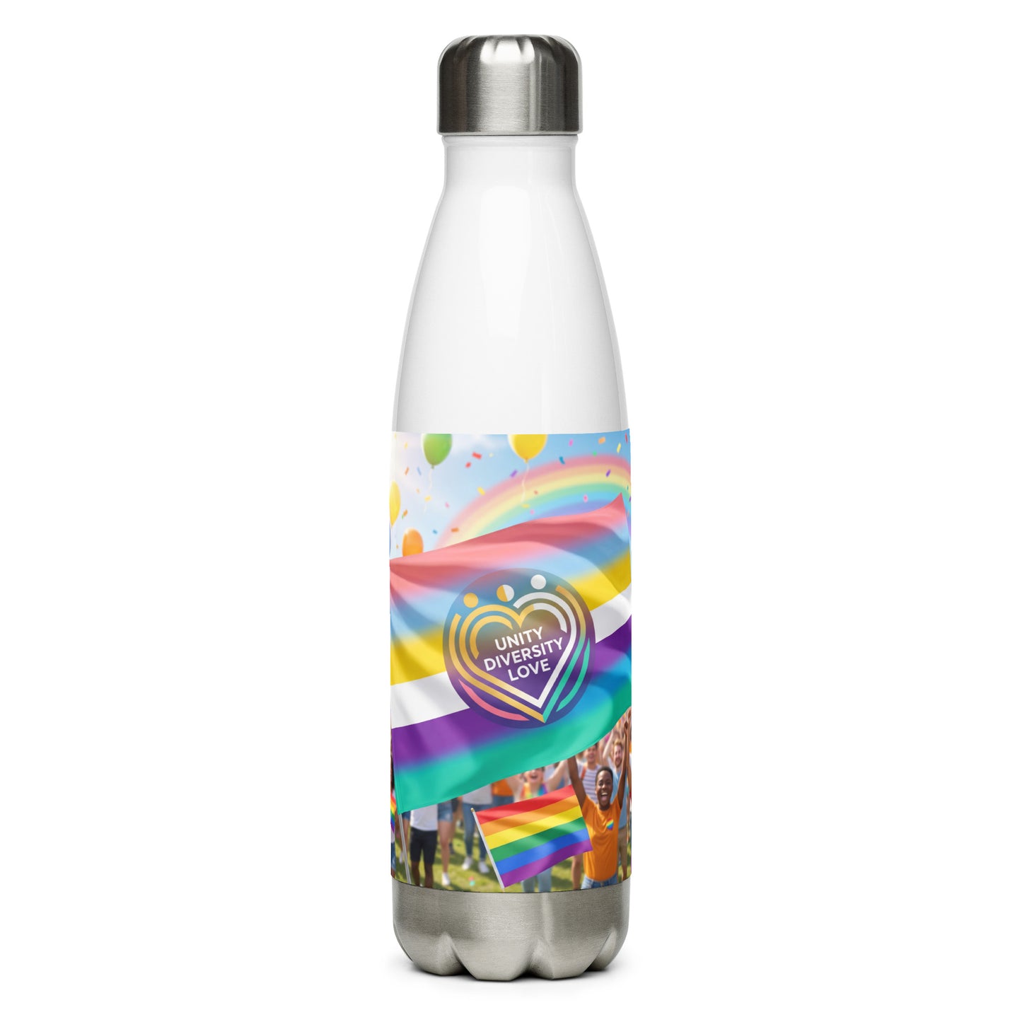 Stainless steel water bottle with silver cap and “Unity Diversity Love” rainbow heart graphic