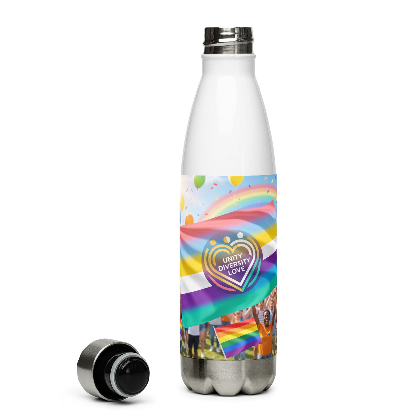 Stainless steel water bottle with silver cap and “Unity Diversity Love” rainbow heart design