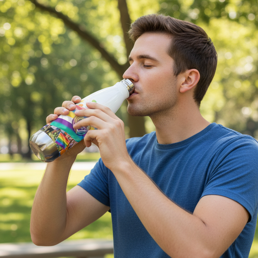 White stainless steel water bottle with rainbow “Unity Diversity Love” graphic, drinking spout