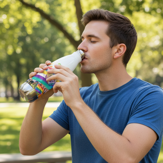 White stainless steel water bottle with rainbow “Unity Diversity Love” graphic, drinking spout