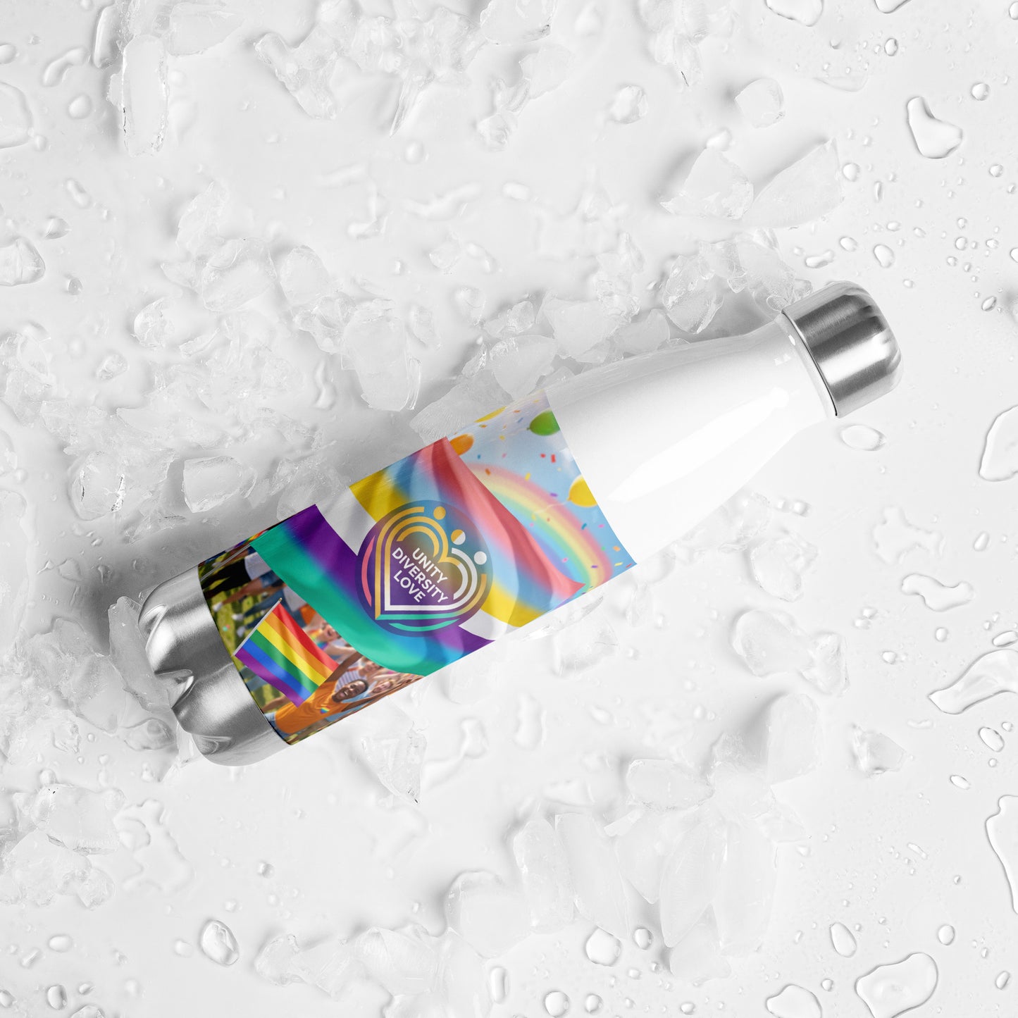 Stainless steel water bottle with silver cap and rainbow “Unity Diversity Love” print, wet look