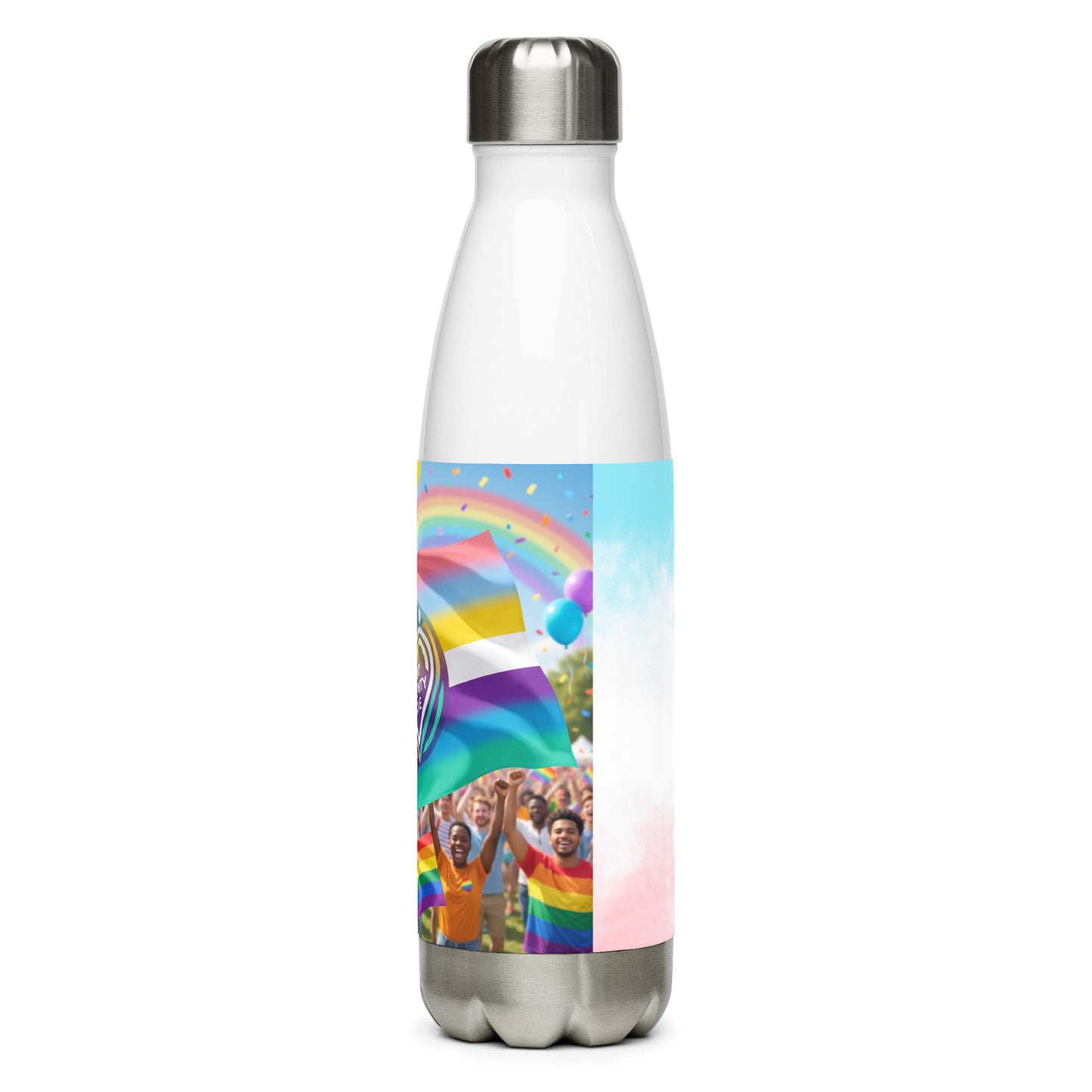 Stainless steel water bottle with silver cap and rainbow flag crowd graphic