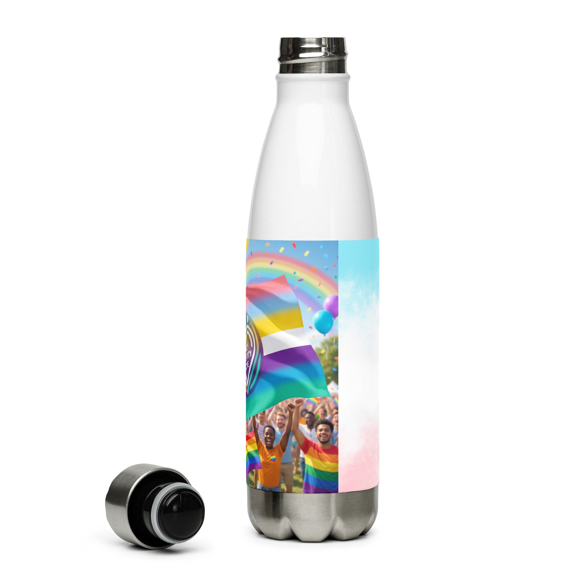 Stainless steel water bottle with silver cap and rainbow parade-style wrap