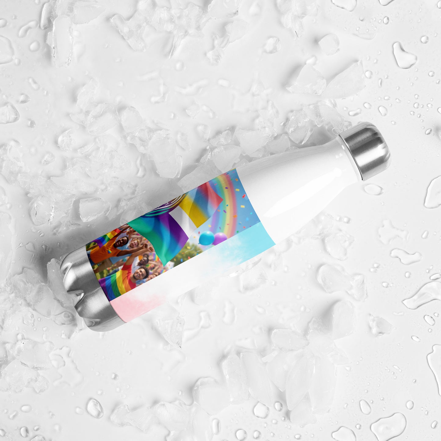 Stainless steel water bottle with rainbow pride collage graphic decal