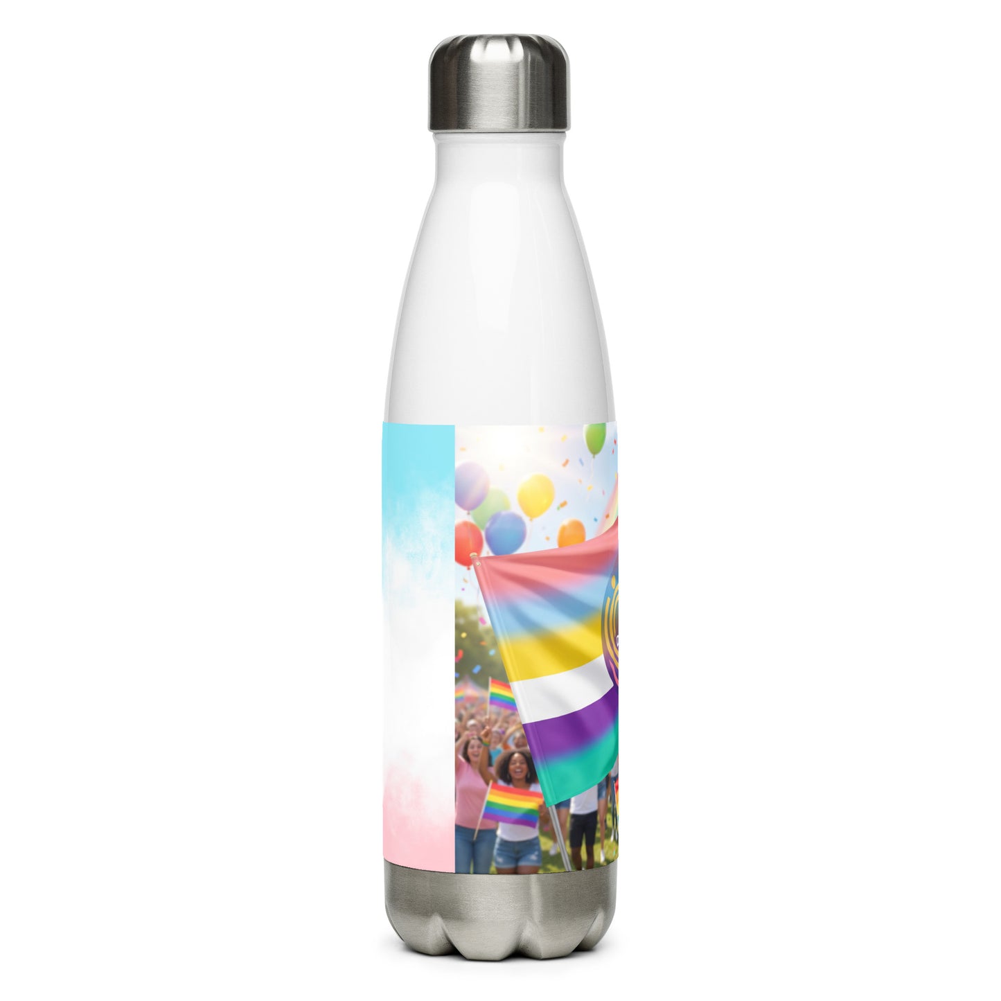 Stainless steel water bottle with silver cap and rainbow parade photo-style wrap design