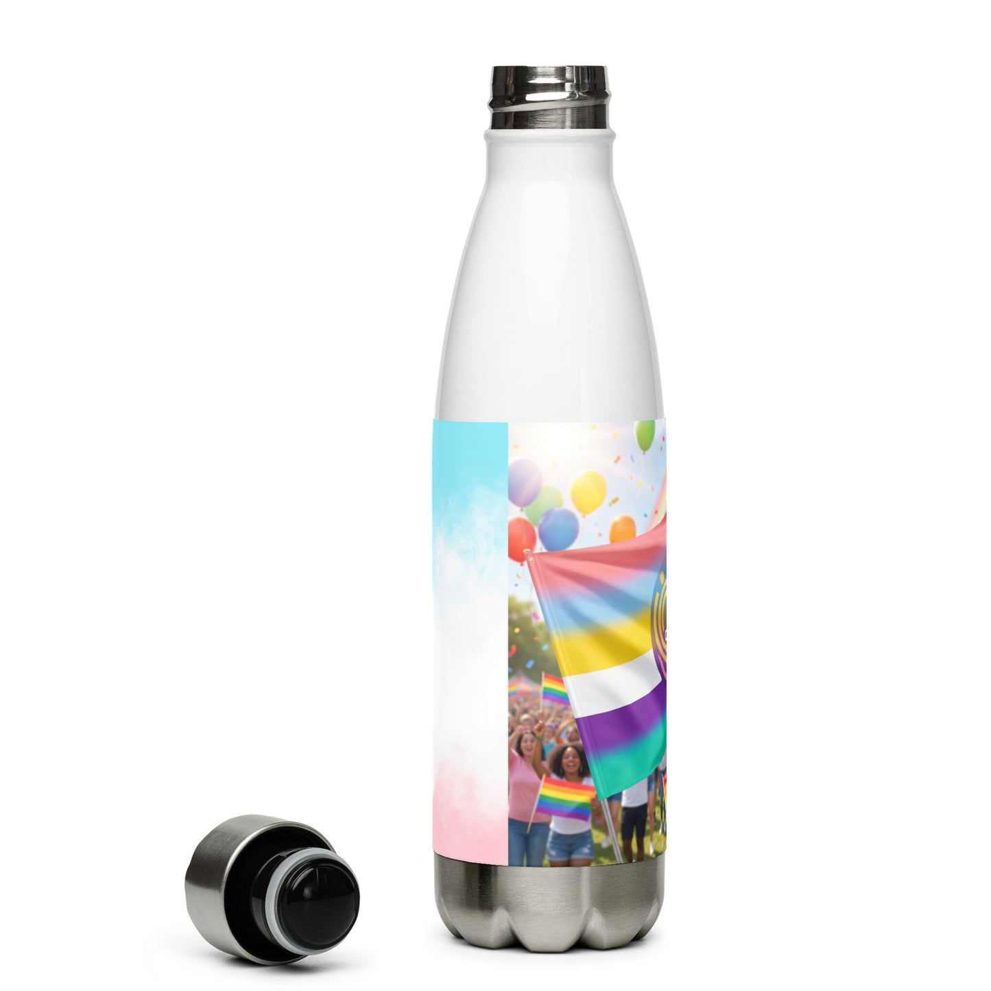Stainless steel water bottle with silver cap, rainbow crowd graphic, side view