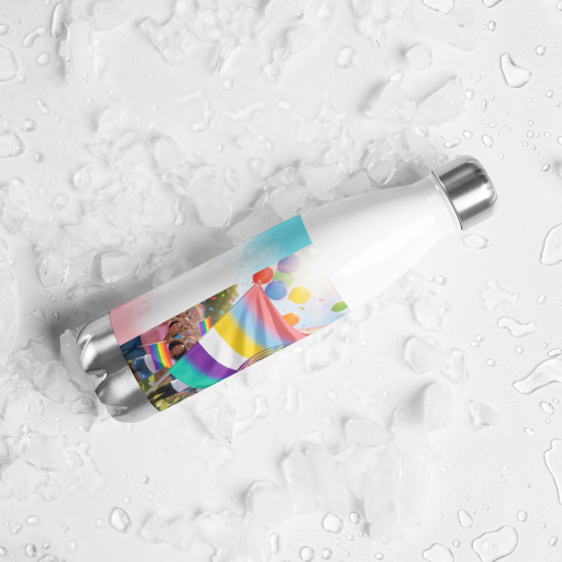 Stainless steel water bottle with multicolor rainbow tent graphic decal