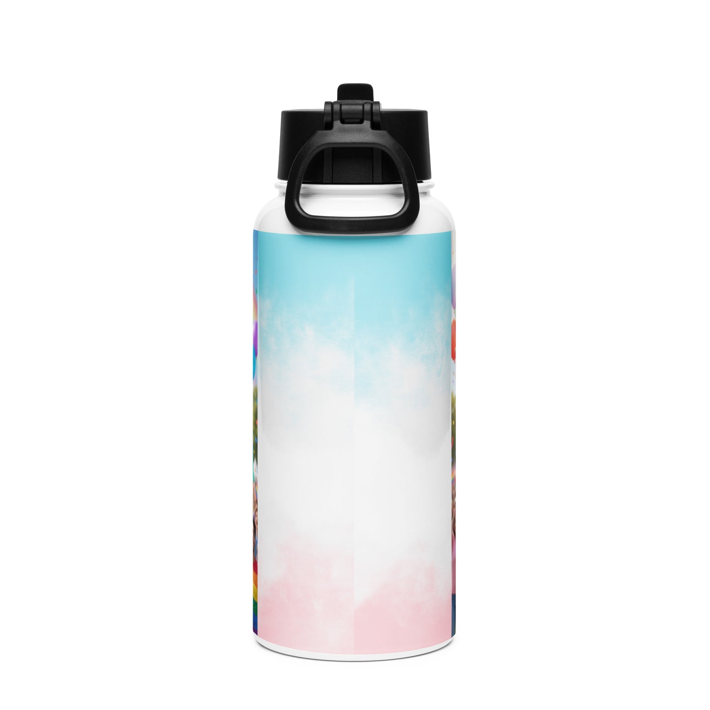 Stainless steel water bottle with blue-pink gradient and black carry handle