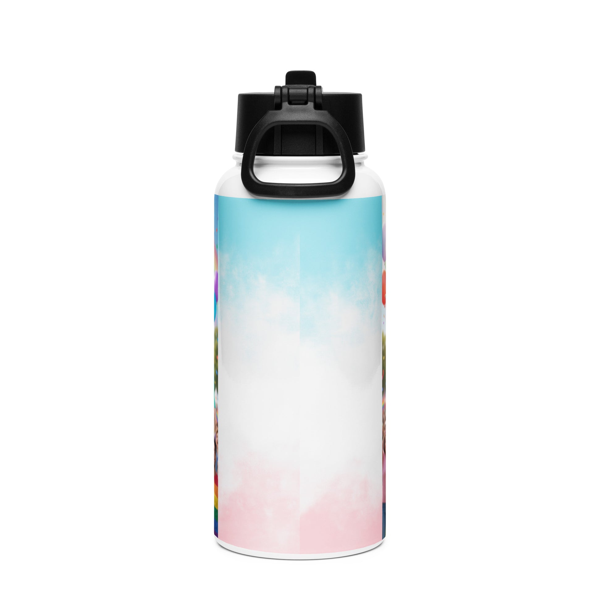 Stainless steel water bottle with blue-pink gradient and black carry handle