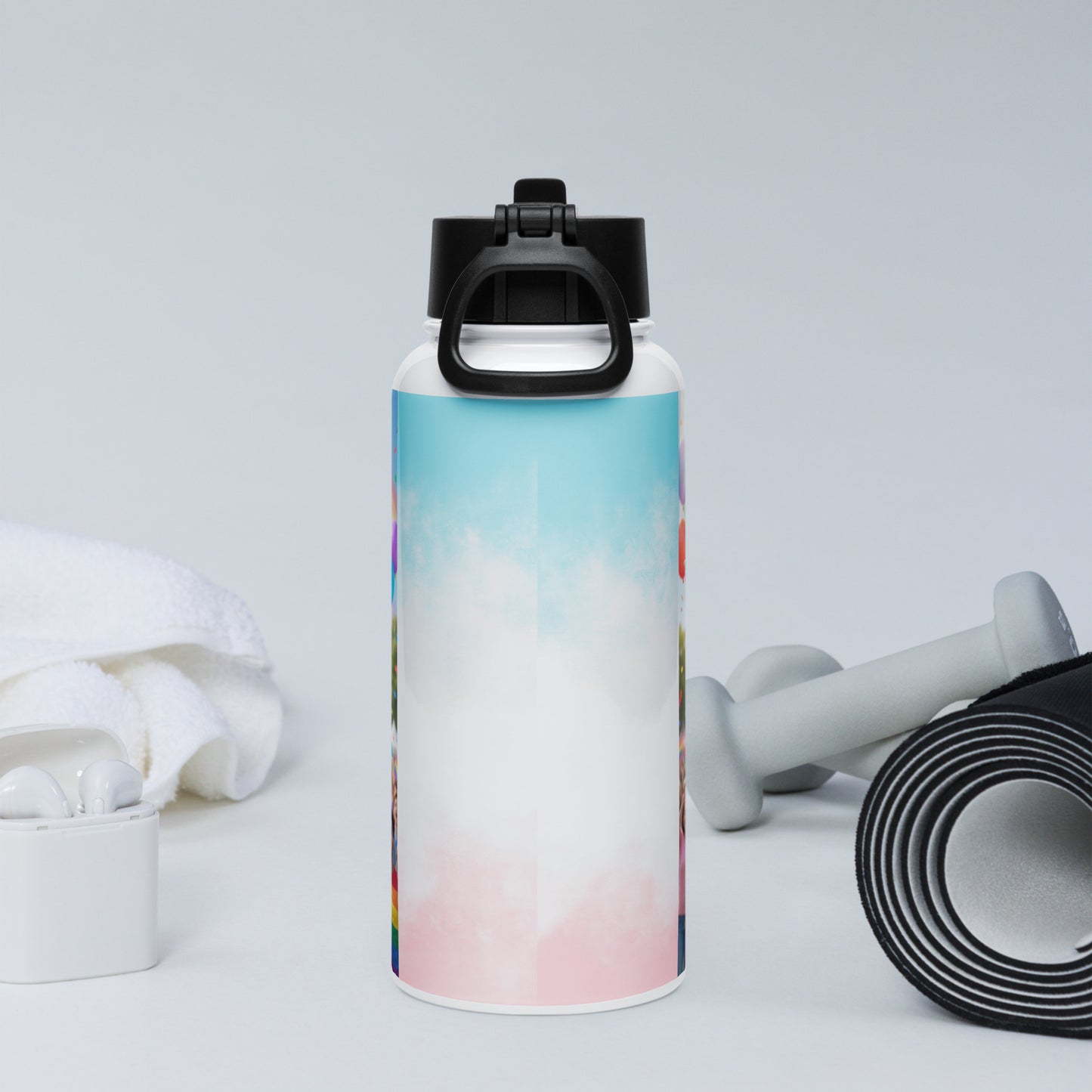 White stainless steel water bottle with black straw lid, blank colorful edge panel