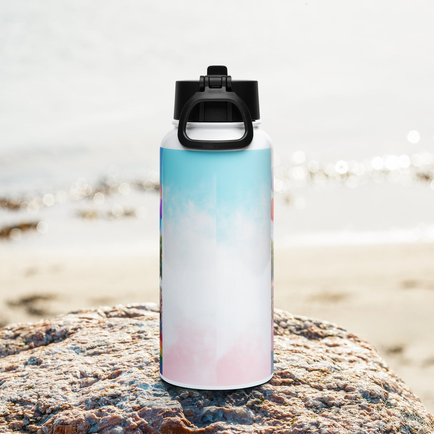 White stainless steel water bottle with black straw lid, colorful rainbow edge panel
