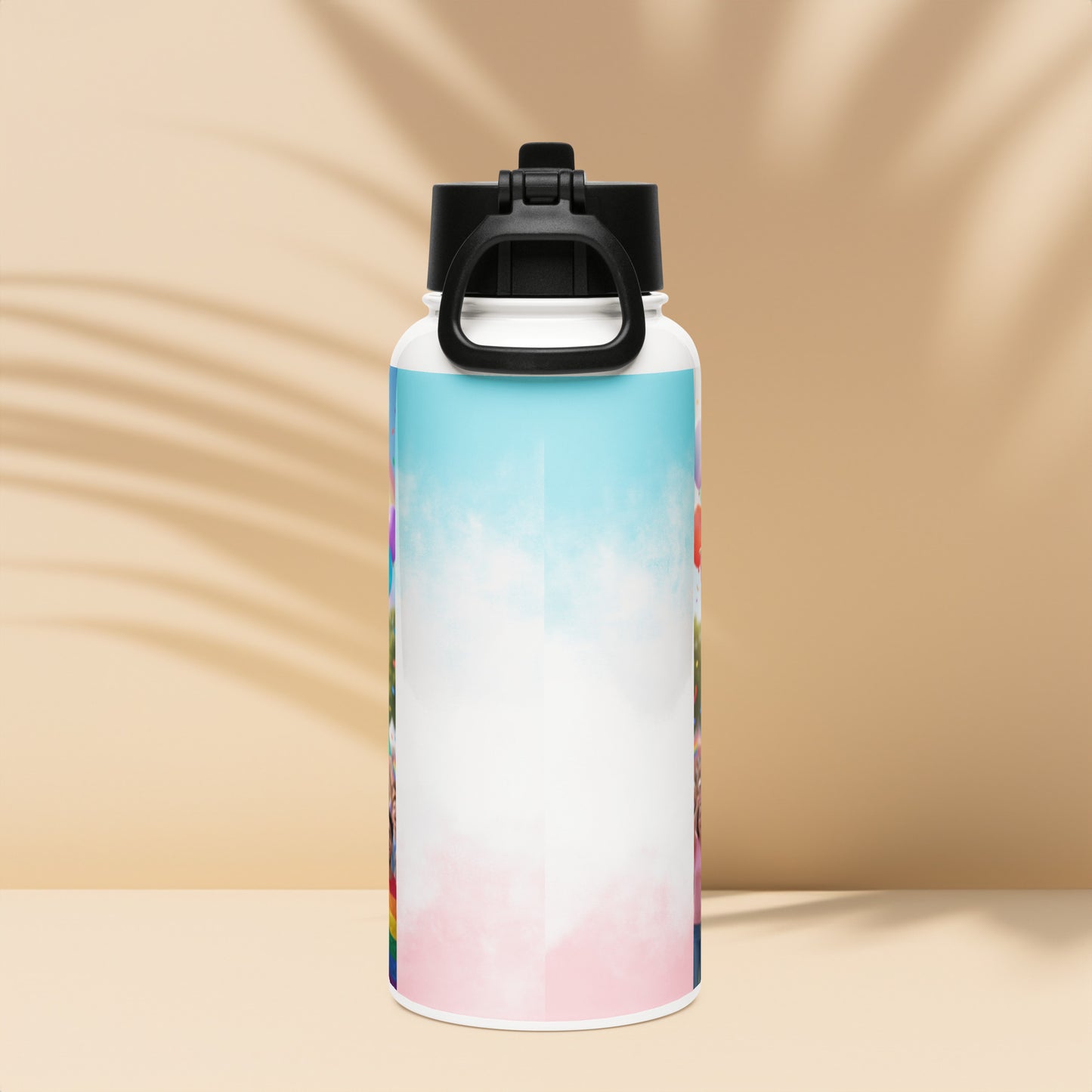 Stainless steel water bottle with black carry handle and rainbow gradient print