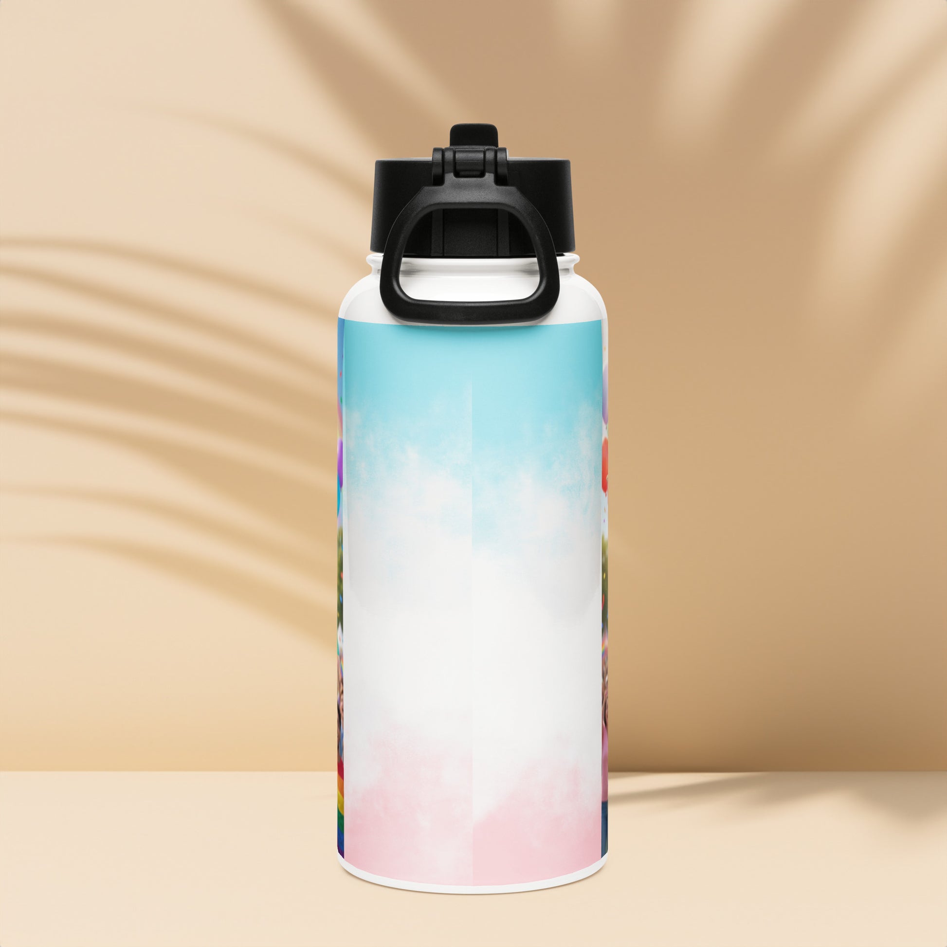 Stainless steel water bottle with black carry handle and rainbow gradient print