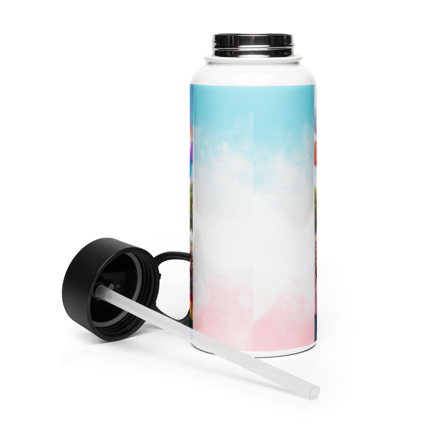 Stainless steel water bottle with blue-pink gradient and black lid with straw