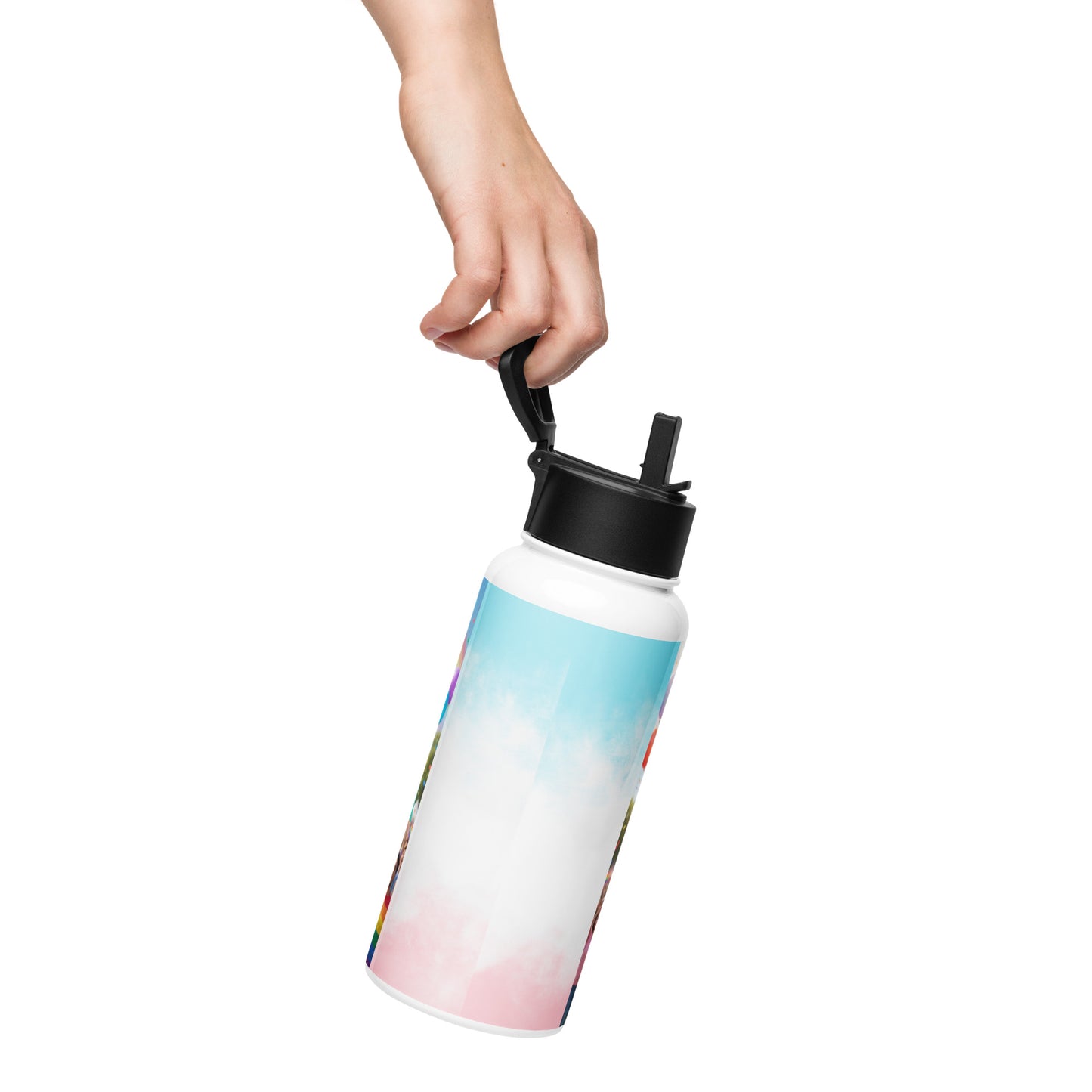Stainless steel water bottle with blue-pink gradient and black straw lid, in hand