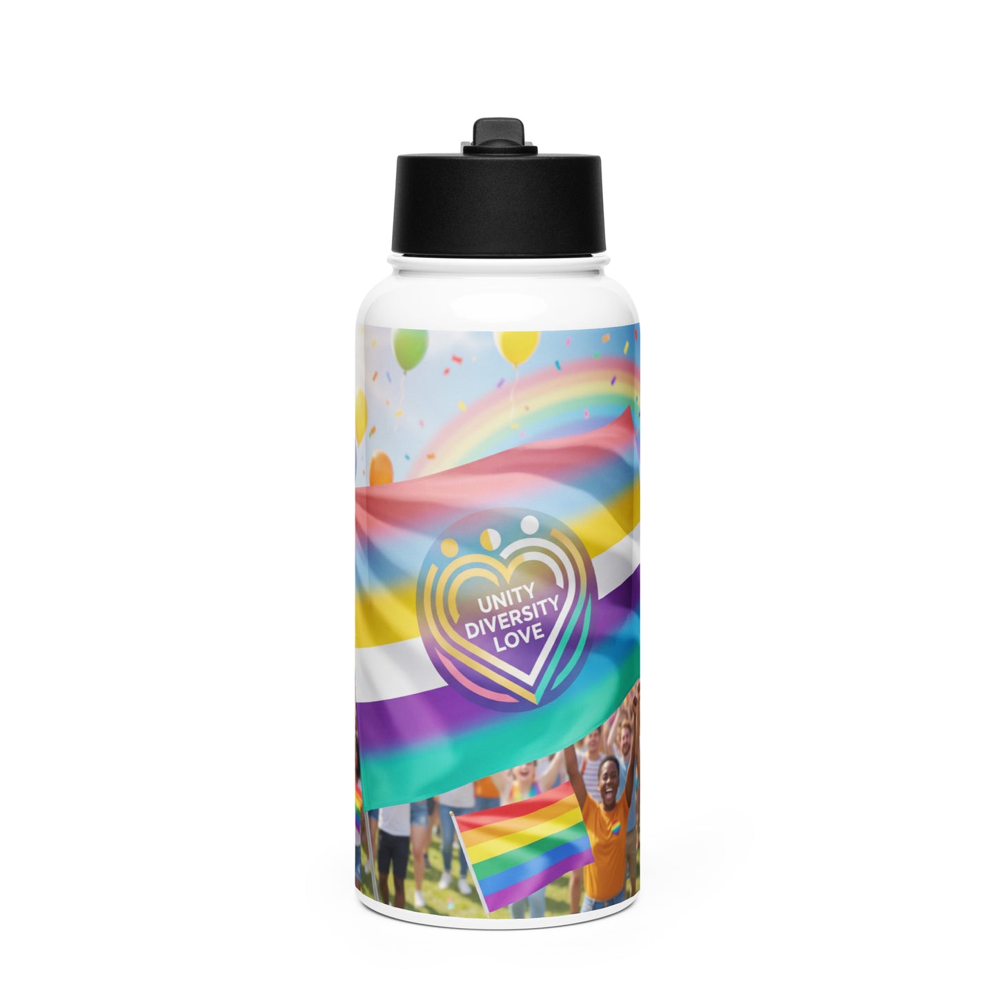 Stainless steel water bottle with rainbow graphic and black straw lid