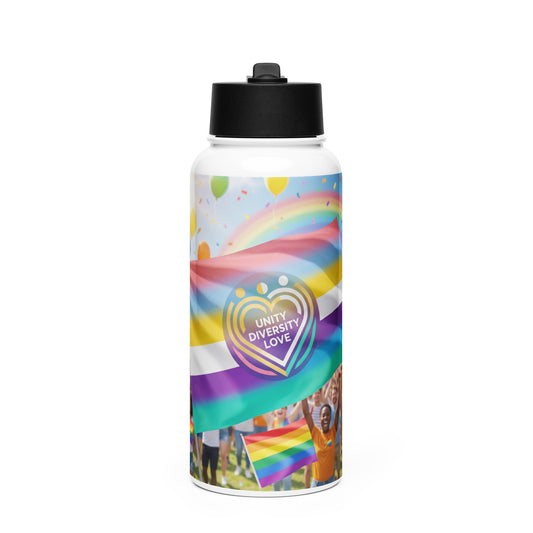 Stainless steel water bottle with rainbow graphic and black straw lid
