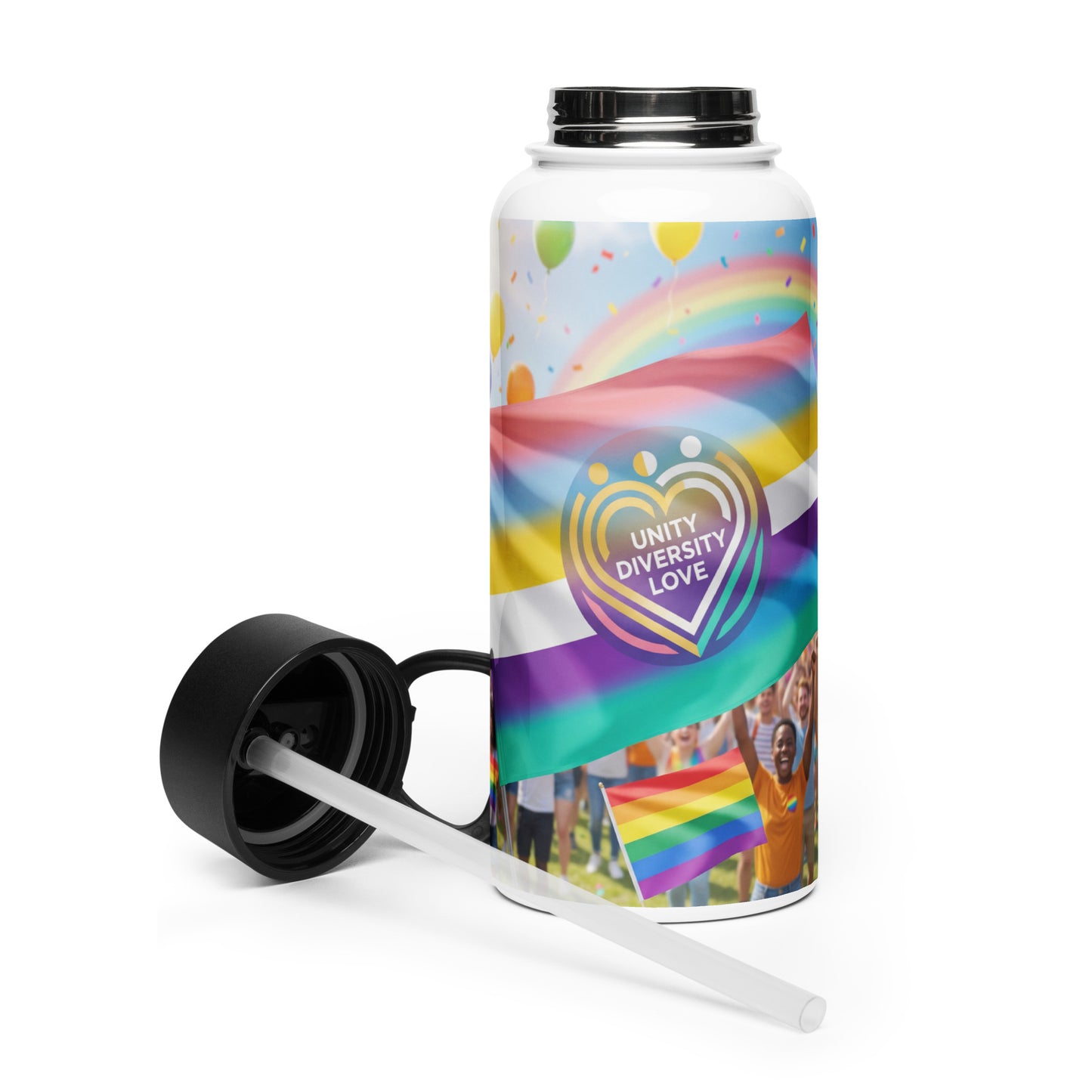 Stainless steel water bottle with rainbow heart graphic, straw, and black lid