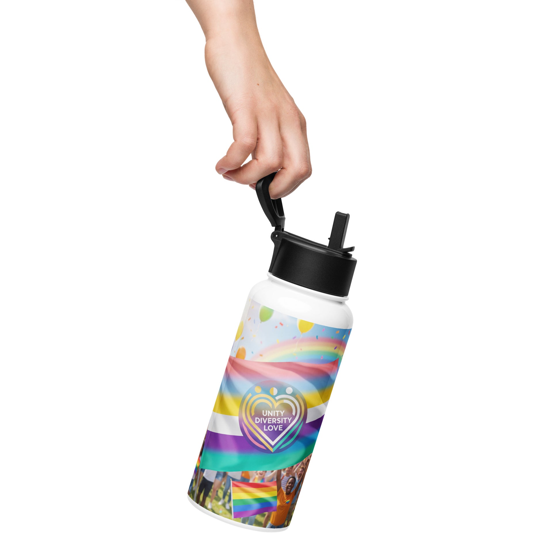 Stainless steel water bottle with rainbow unity graphic and black straw lid, in hand
