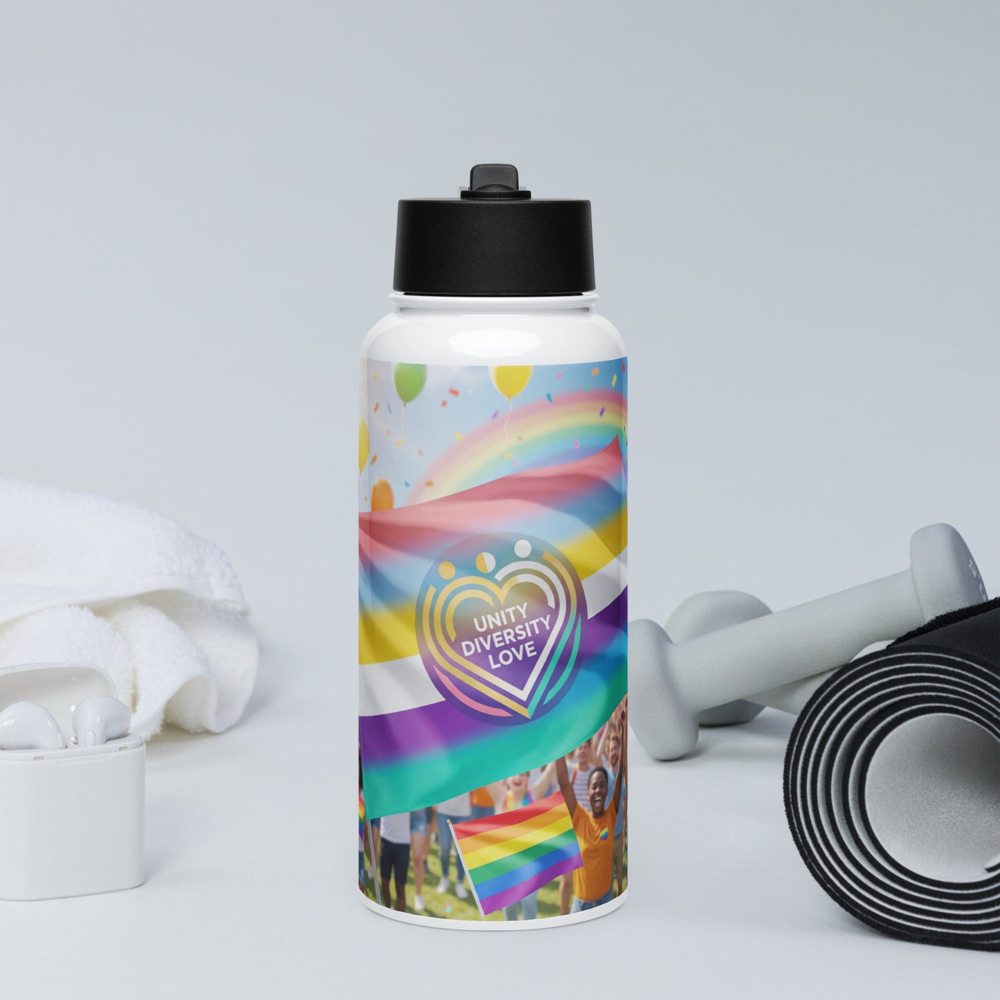 White stainless steel water bottle with black straw lid, Unity Diversity Love heart print