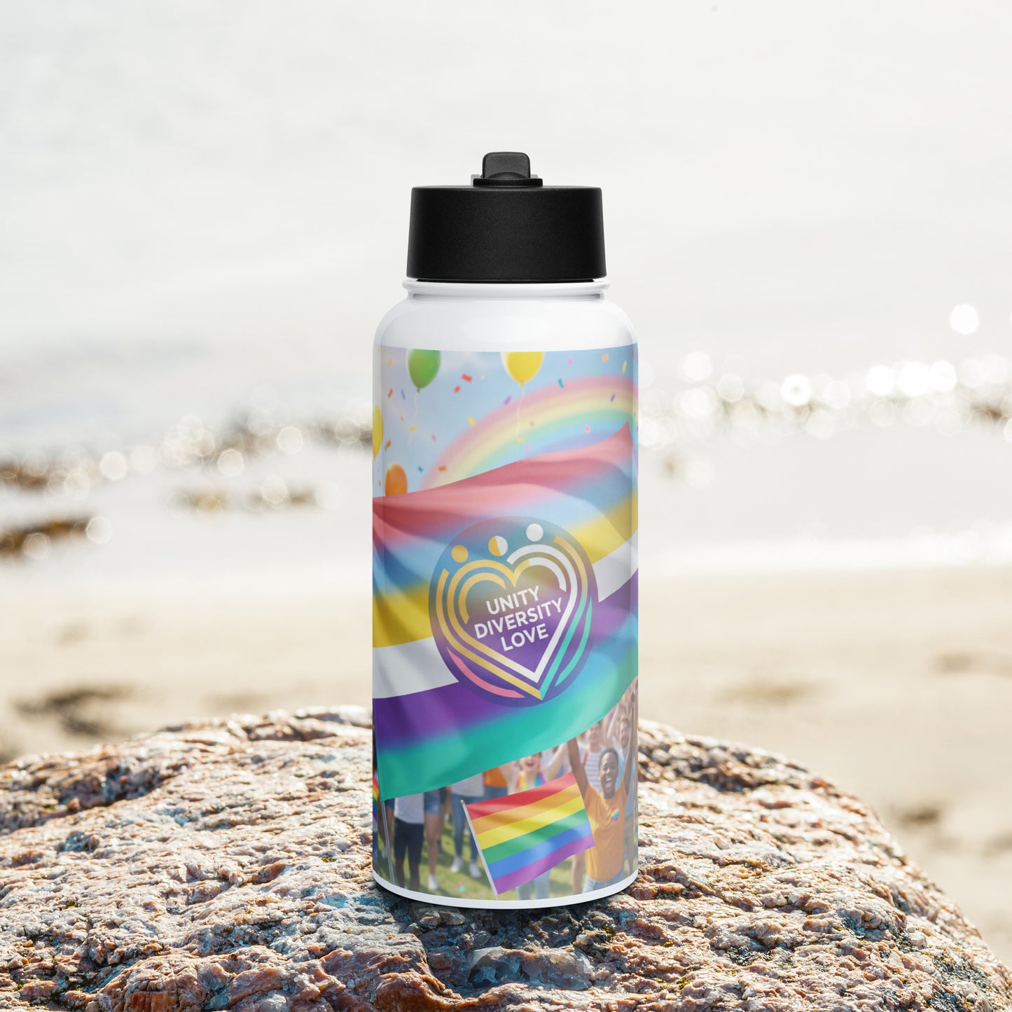 White stainless steel water bottle with black straw lid, Unity Diversity Love heart graphic