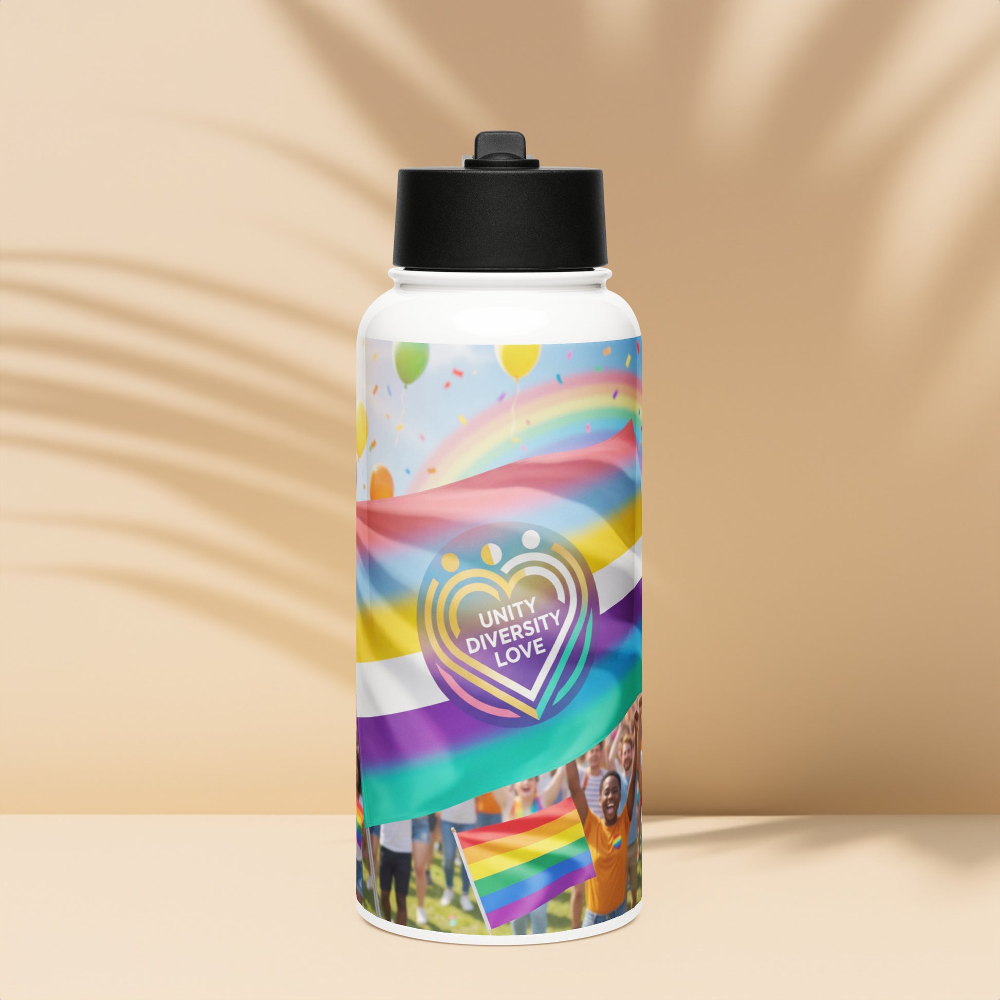 Stainless steel water bottle with straw lid and rainbow Unity Diversity Love graphic
