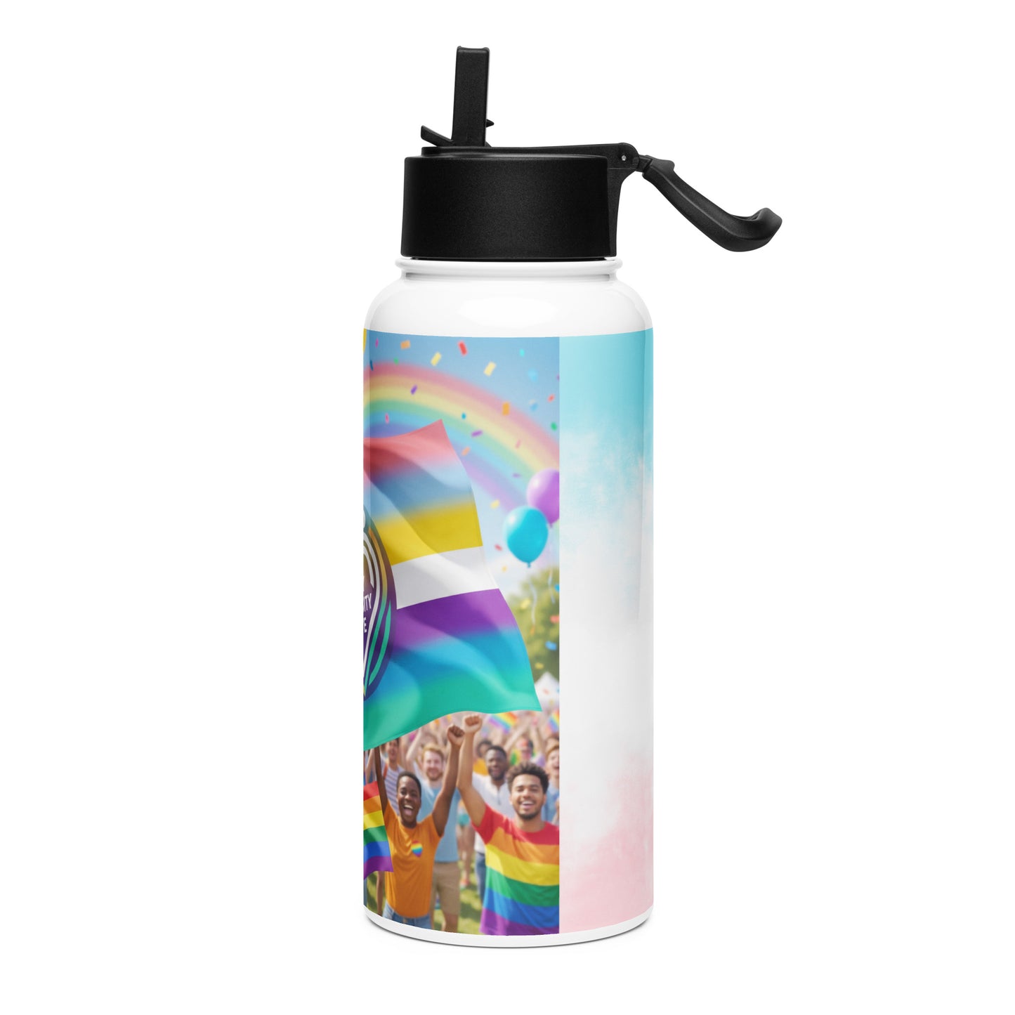 Stainless steel water bottle with rainbow flags graphic and black straw lid
