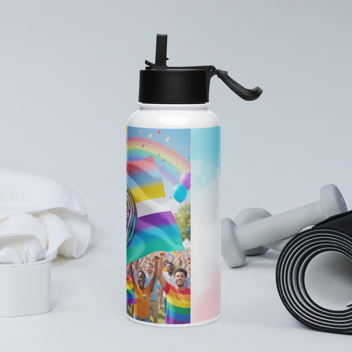 White stainless steel water bottle with black straw lid, rainbow balloons and heart artwork