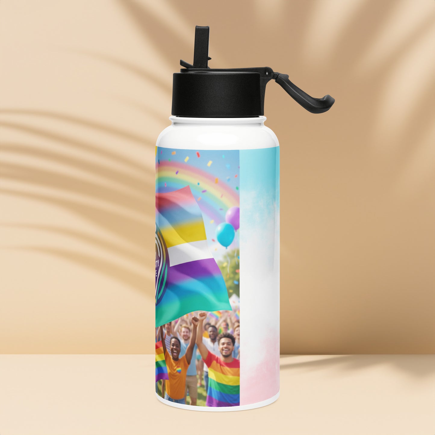 Stainless steel water bottle with straw lid and rainbow pride banner graphic