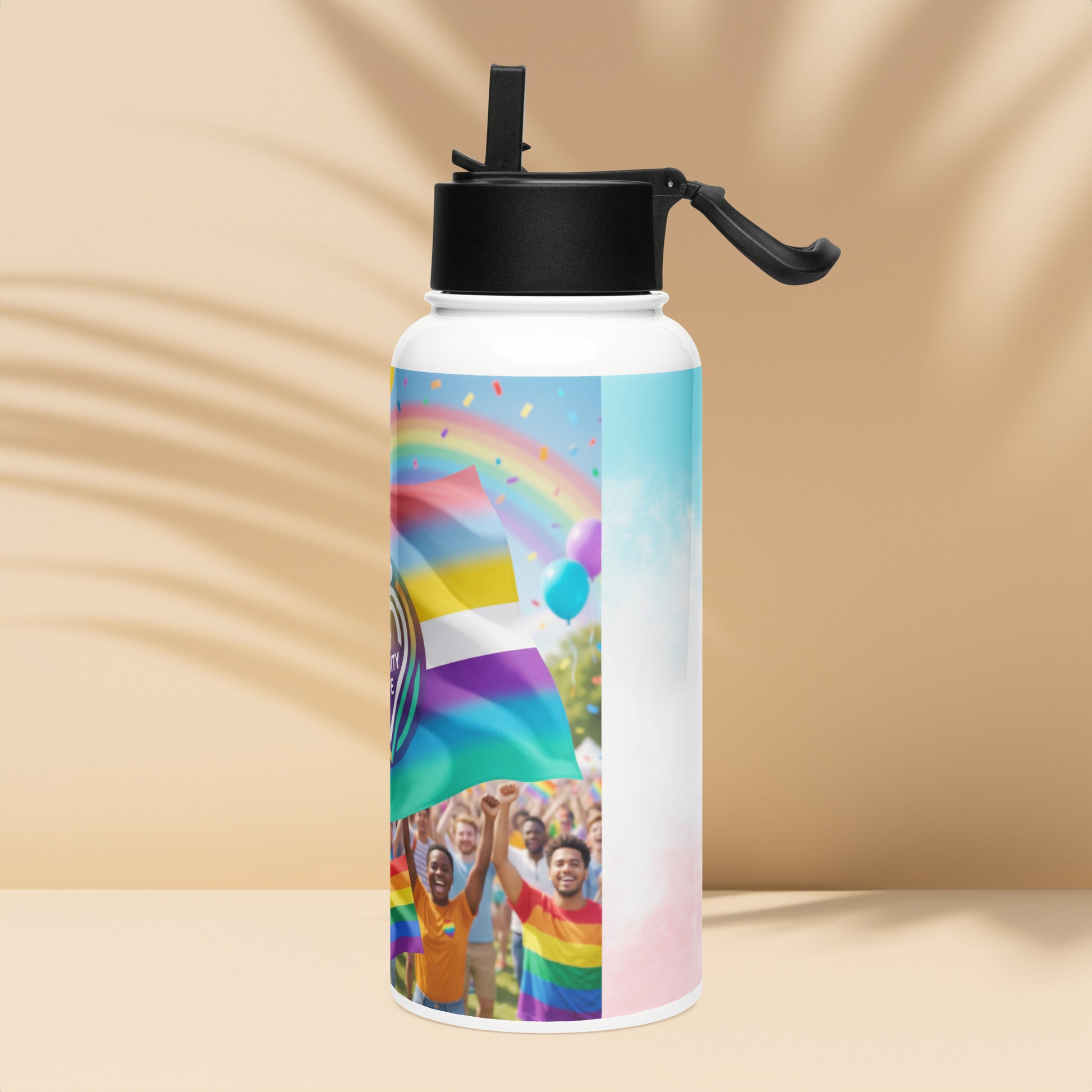 Stainless steel water bottle with straw lid and rainbow pride banner graphic