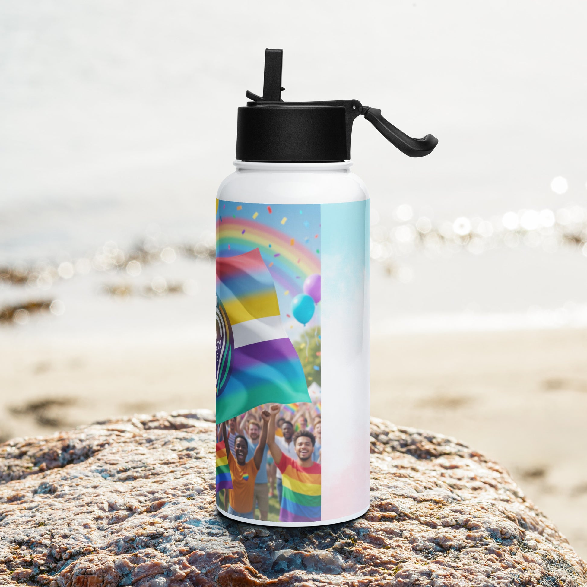 White stainless steel water bottle with black straw lid, rainbow people and balloons