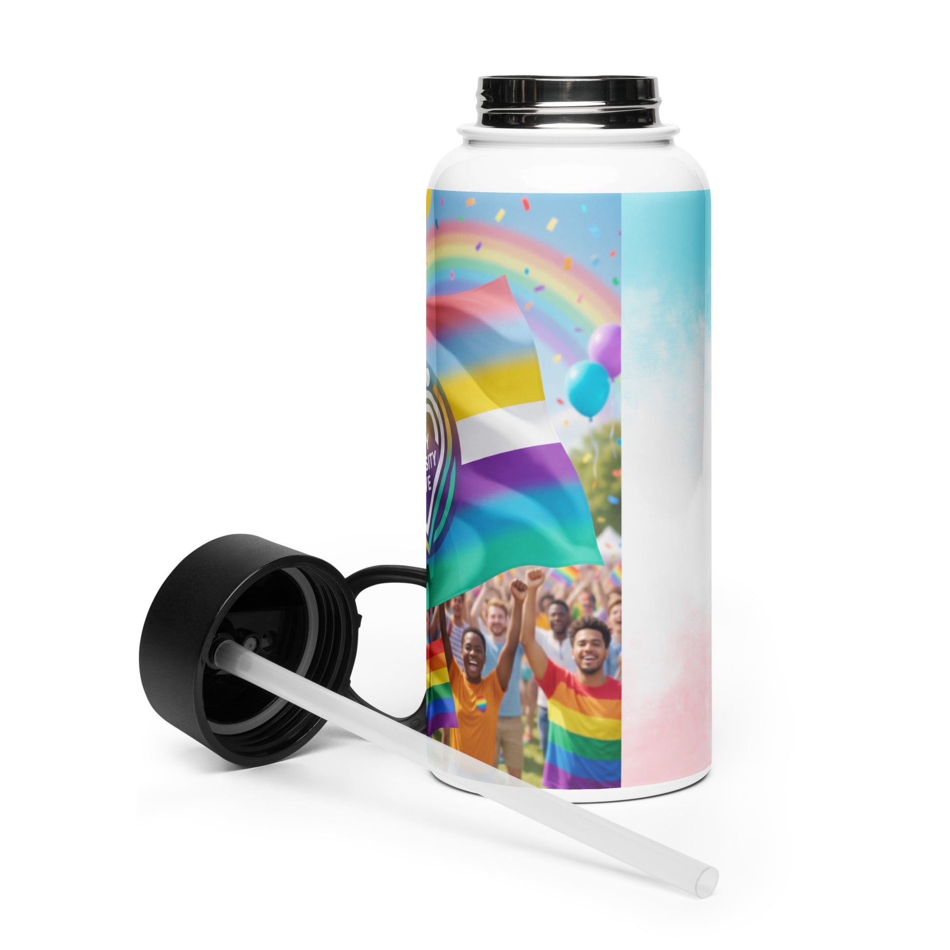 Stainless steel water bottle with rainbow crowd graphic and black lid with straw