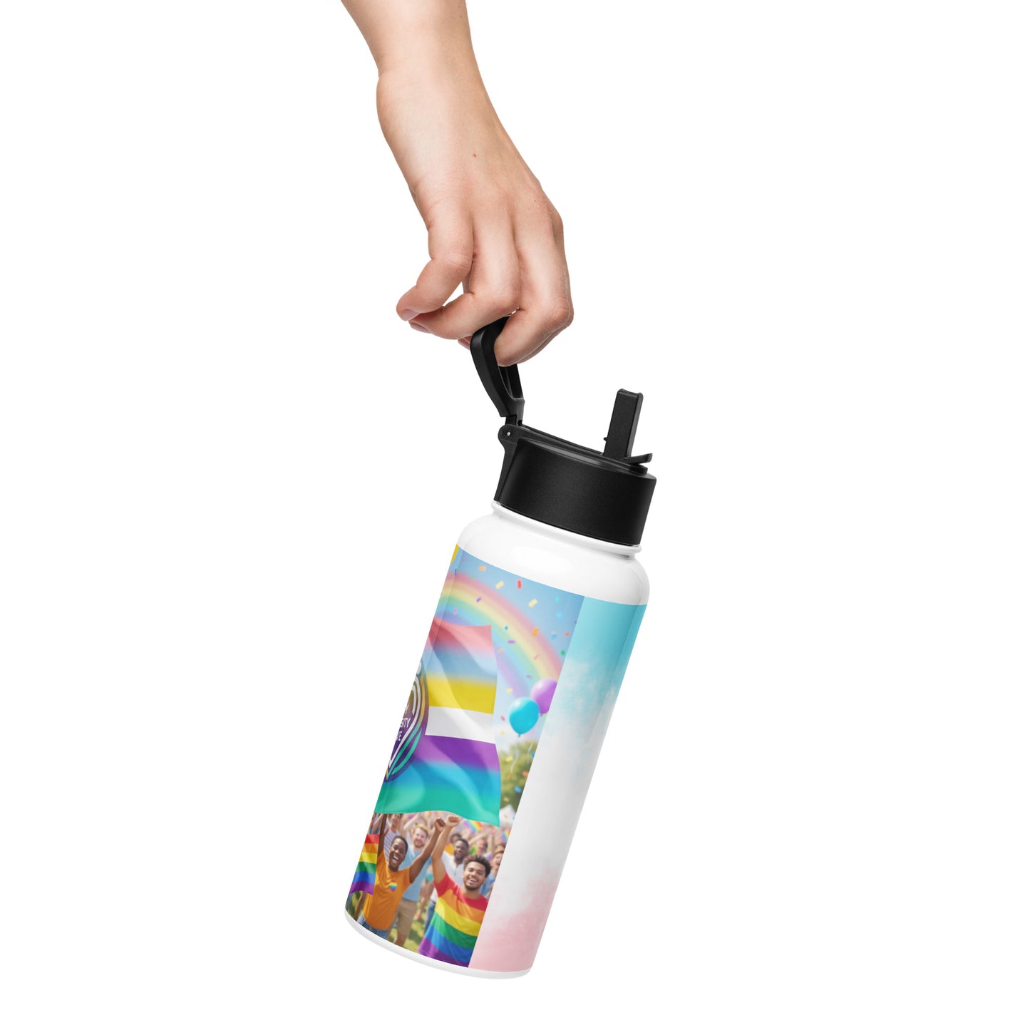 White stainless steel water bottle with black straw lid, rainbow people graphic