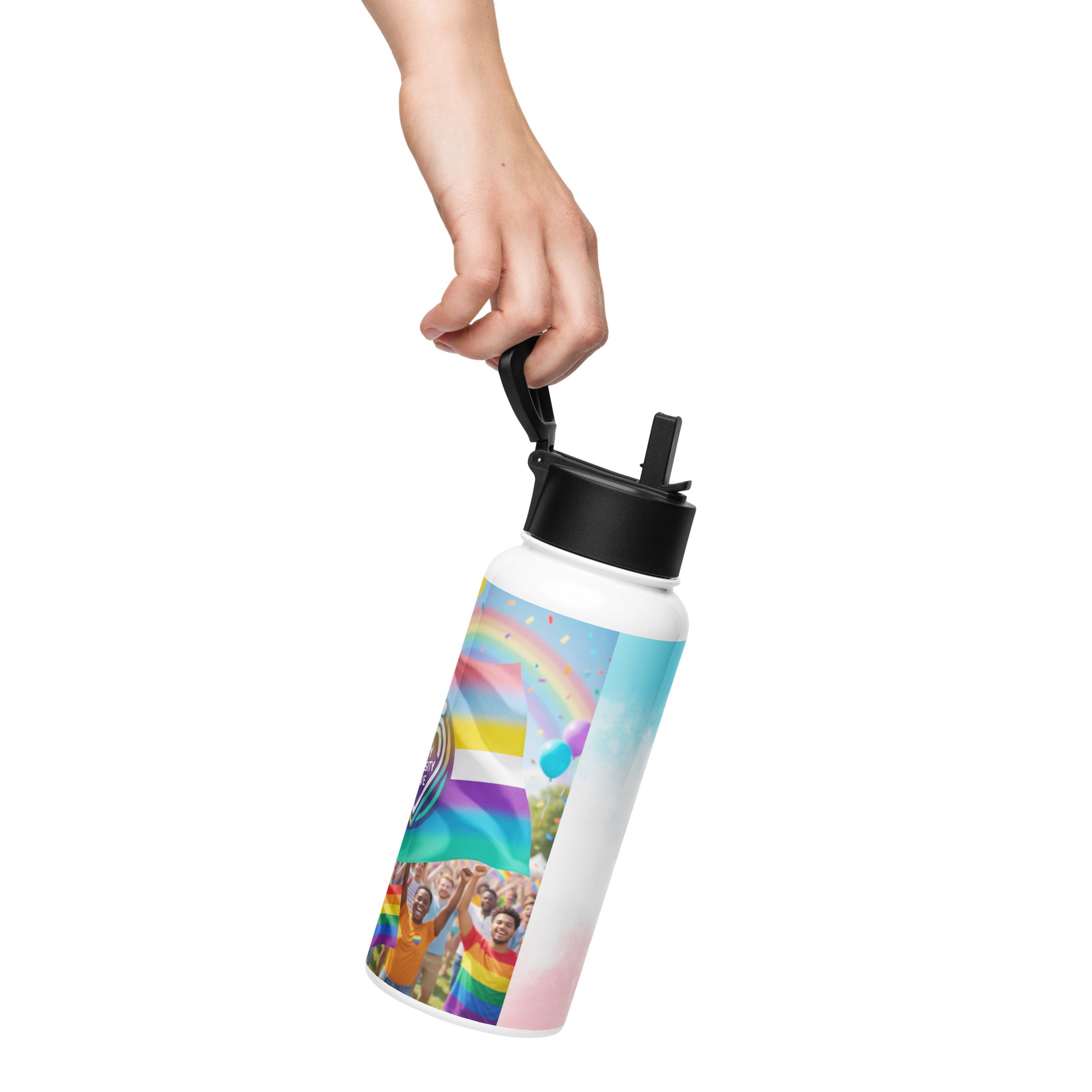 White stainless steel water bottle with black straw lid, rainbow people graphic