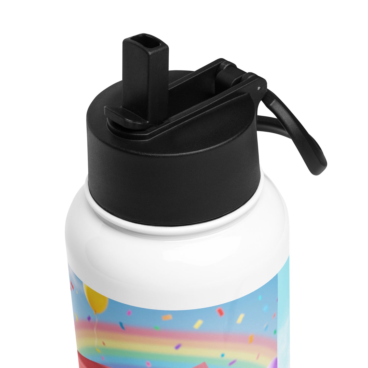 Stainless steel water bottle lid with straw spout and black carry strap